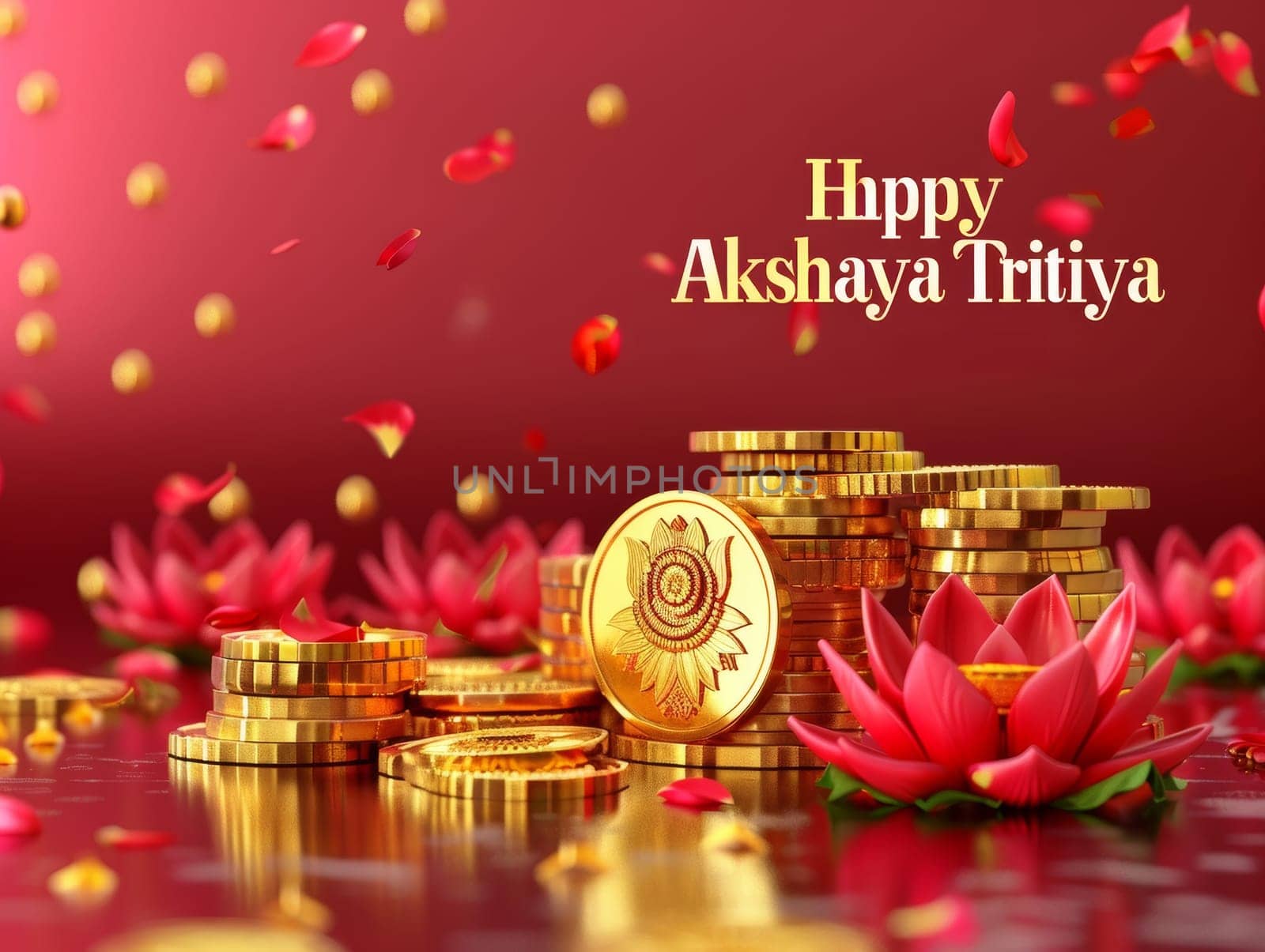 Festive celebration of Akshaya Tritiya with a 3D representation of gold coins and radiant lotus flowers on a rich red background. by sfinks