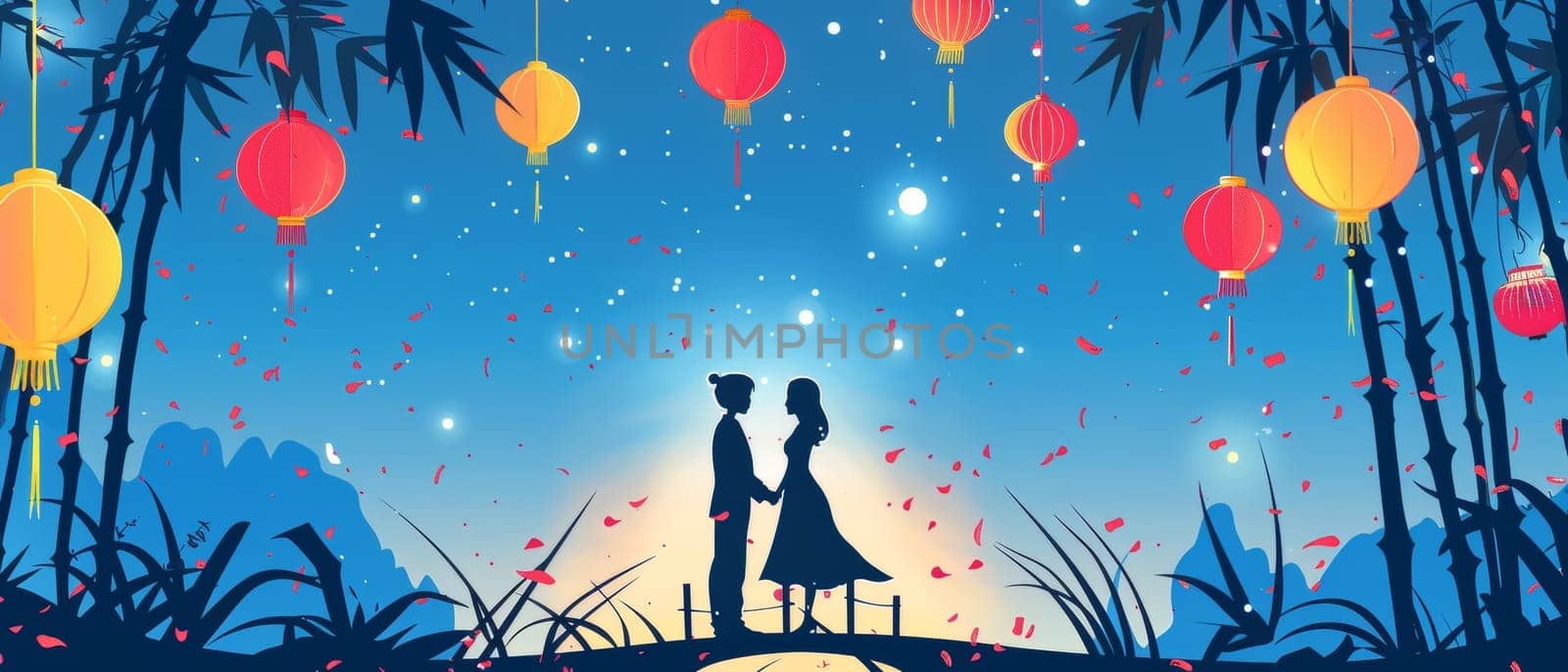 An enchanting Tanabata festival illustration with silhouetted figures, lanterns, and falling petals. by sfinks