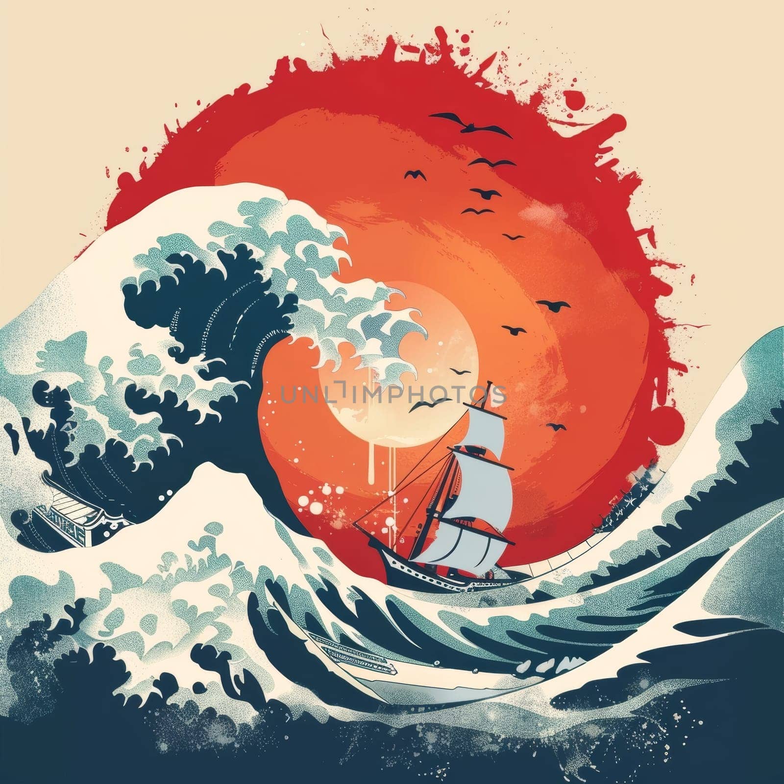 Illustration of a stylized ocean wave encompassing a sailboat with a vibrant red sun backdrop, evoking a sense of adventure and travel. by sfinks