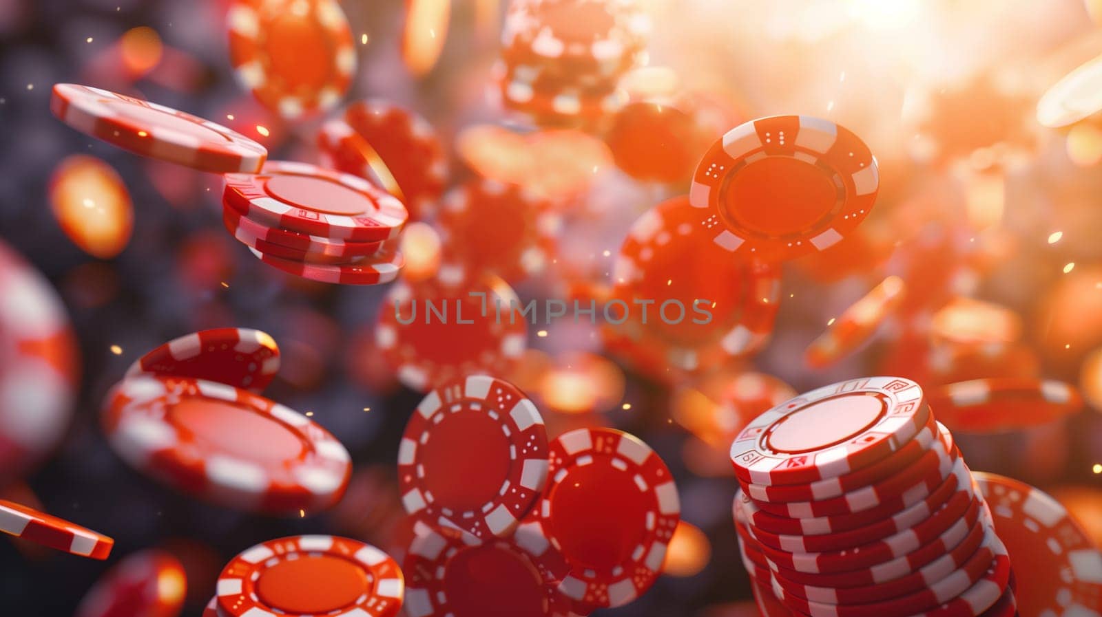 A multitude of red casino chips raining down from above in a chaotic and vibrant display, symbolizing a flurry of gambling activity and excitement.