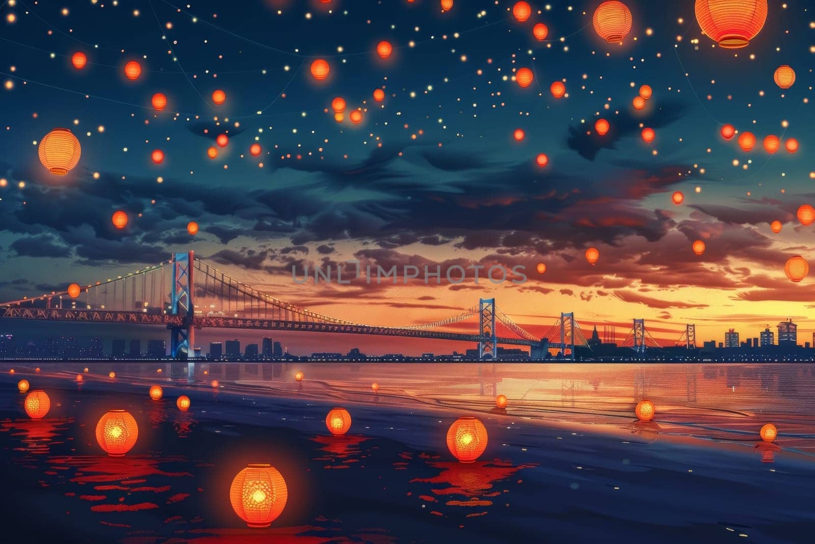 A mesmerizing twilight scene with glowing lanterns rising above the calm waters near an illuminated bridge and city skyline. Japanese Marine Day Umi no Hi also known as Ocean Day or Sea Day by sfinks