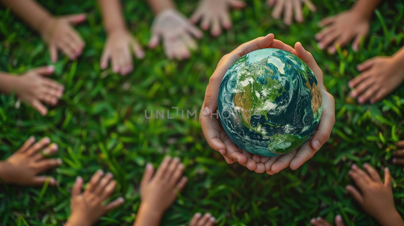 A small replica of the Earth is cradled in the hands of several individuals who are seated around it on a bed of lush green grass, their hands forming a protective circle in a display of unity and environmental stewardship to signify the importance of Earth Day.