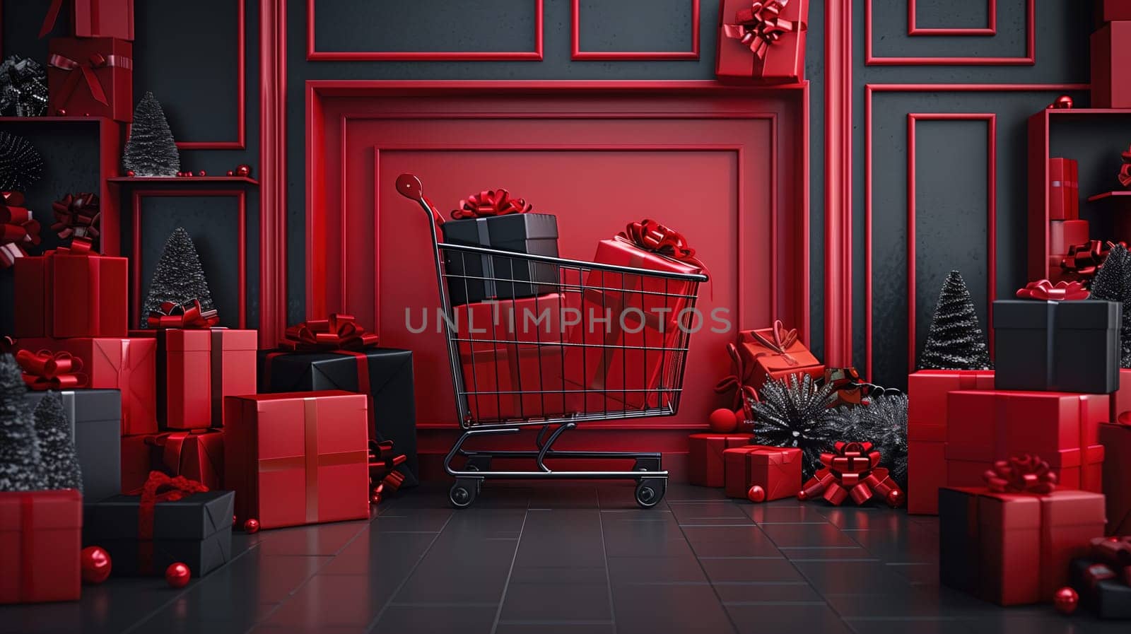 A shopping cart filled with Christmas presents, symbolizing the holiday season and the concept of sales such as Black Friday. The presents are various sizes and wrapped in festive paper, creating a cheerful and festive scene.