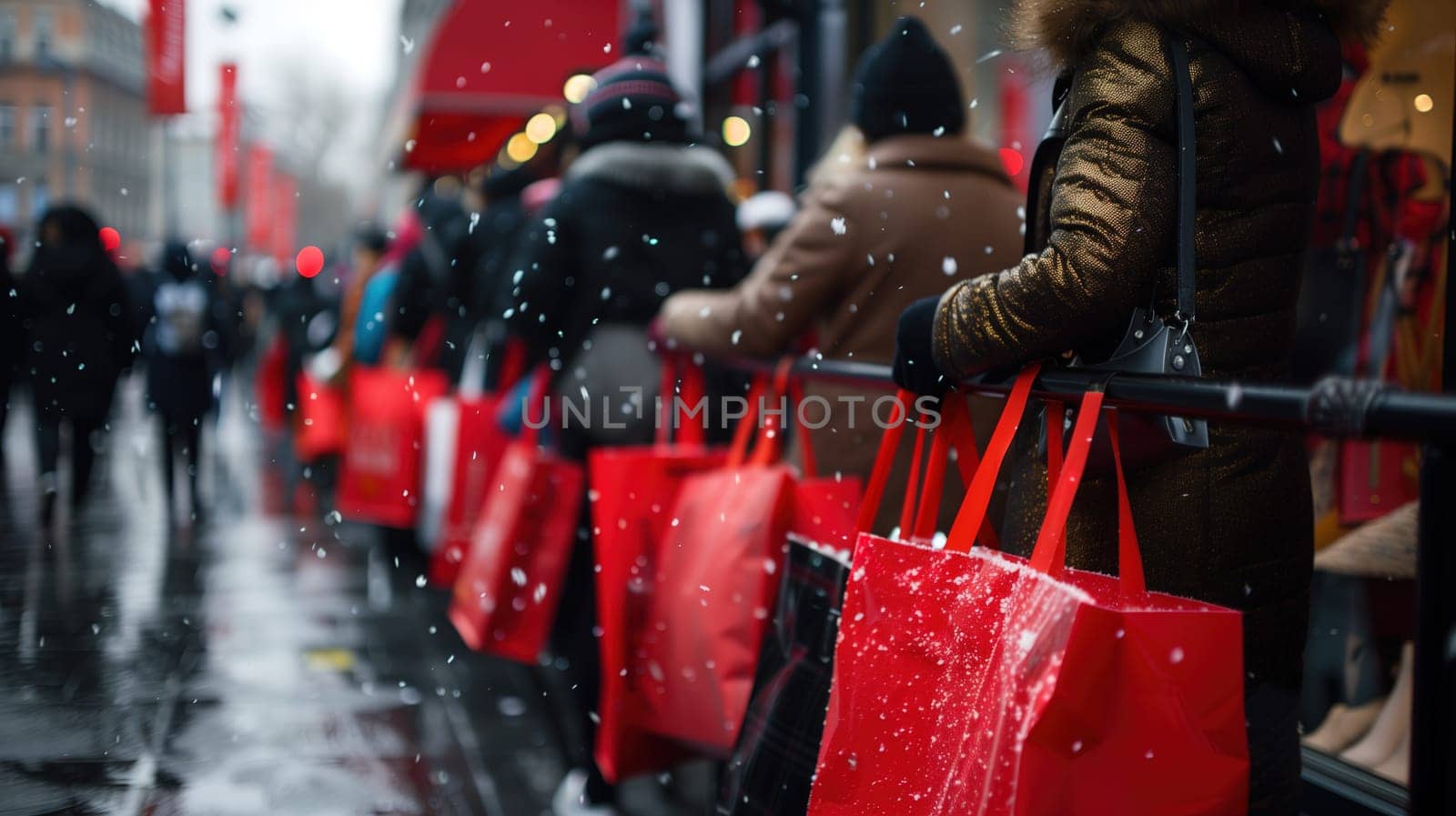 Several individuals, wearing raincoats and carrying umbrellas, are walking quickly down a city street in the rain. The wet pavement reflects the neon lights of the shops around them.