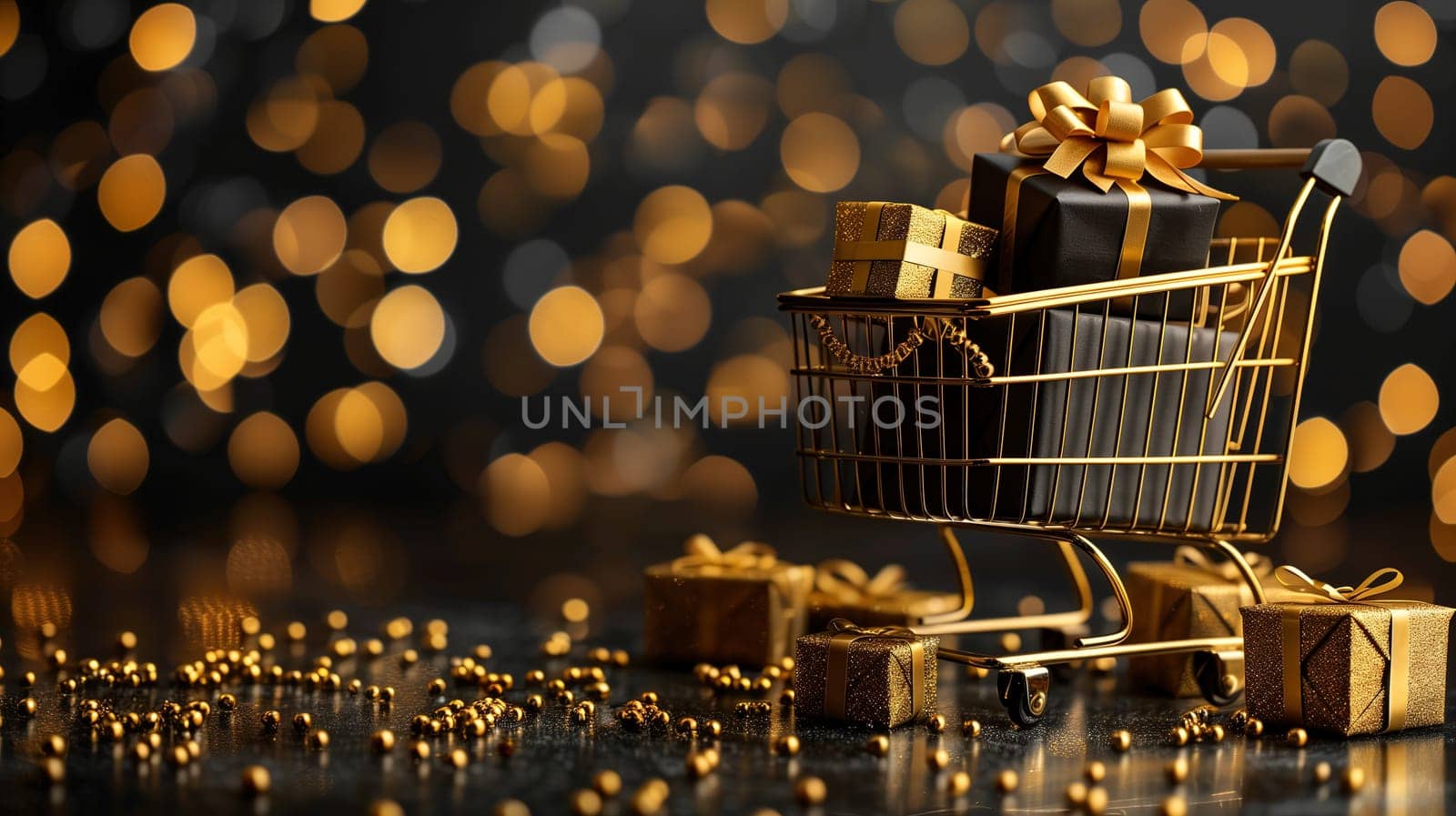 A shopping cart is filled with presents and placed on top of a table, symbolizing the concept of a sale or Black Friday event. The cart is overflowing with various gift items, ready to be purchased by shoppers.