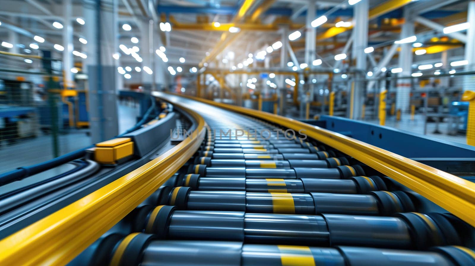A conveyor belt is shown inside a factory, carrying products along the production line. Machinery, assembly, manufacturing, and automation are visible in the industrial setting.