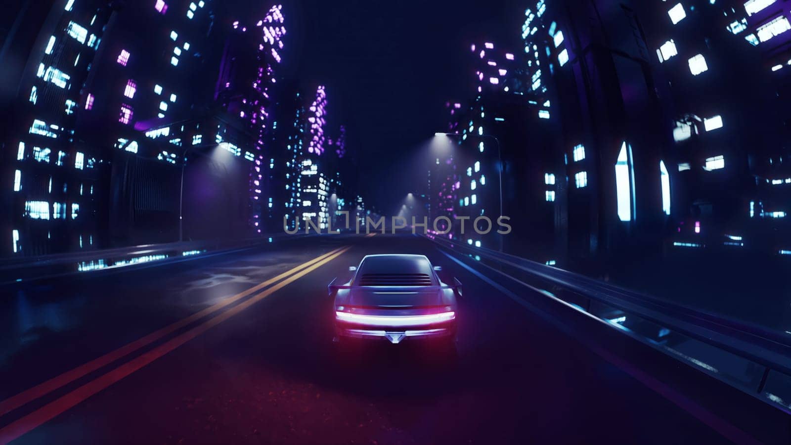 3d render car driving on the city streets at night with neon lights and in a cyberpunk style by studiodav