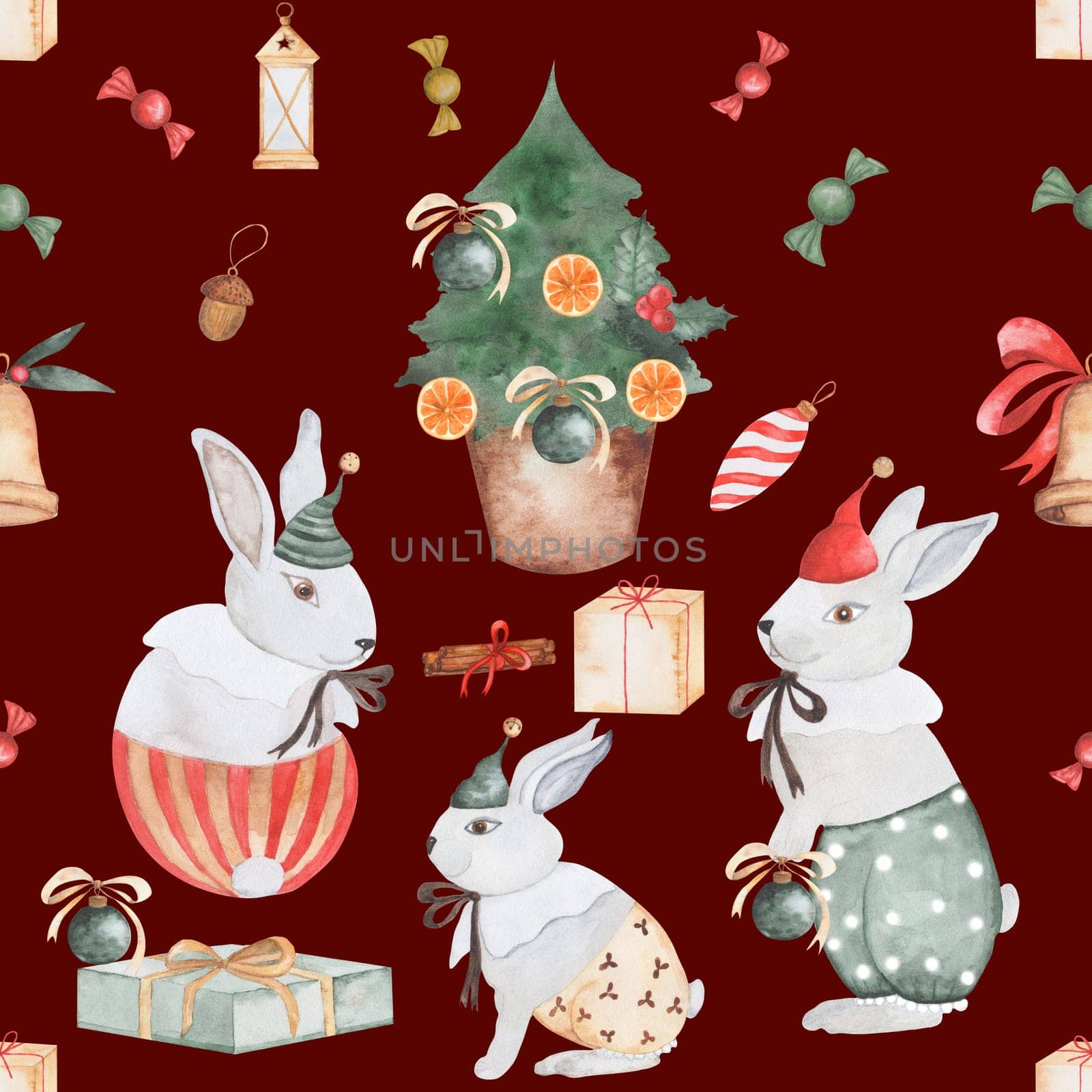 Watercolor Christmas seamless pattern with cute family of bunnies. Gifts and Christmas tree decorations, orange slices and cinnamon create a festive mood. For printing on textiles and packaging paper. by TatyanaTrushcheleva