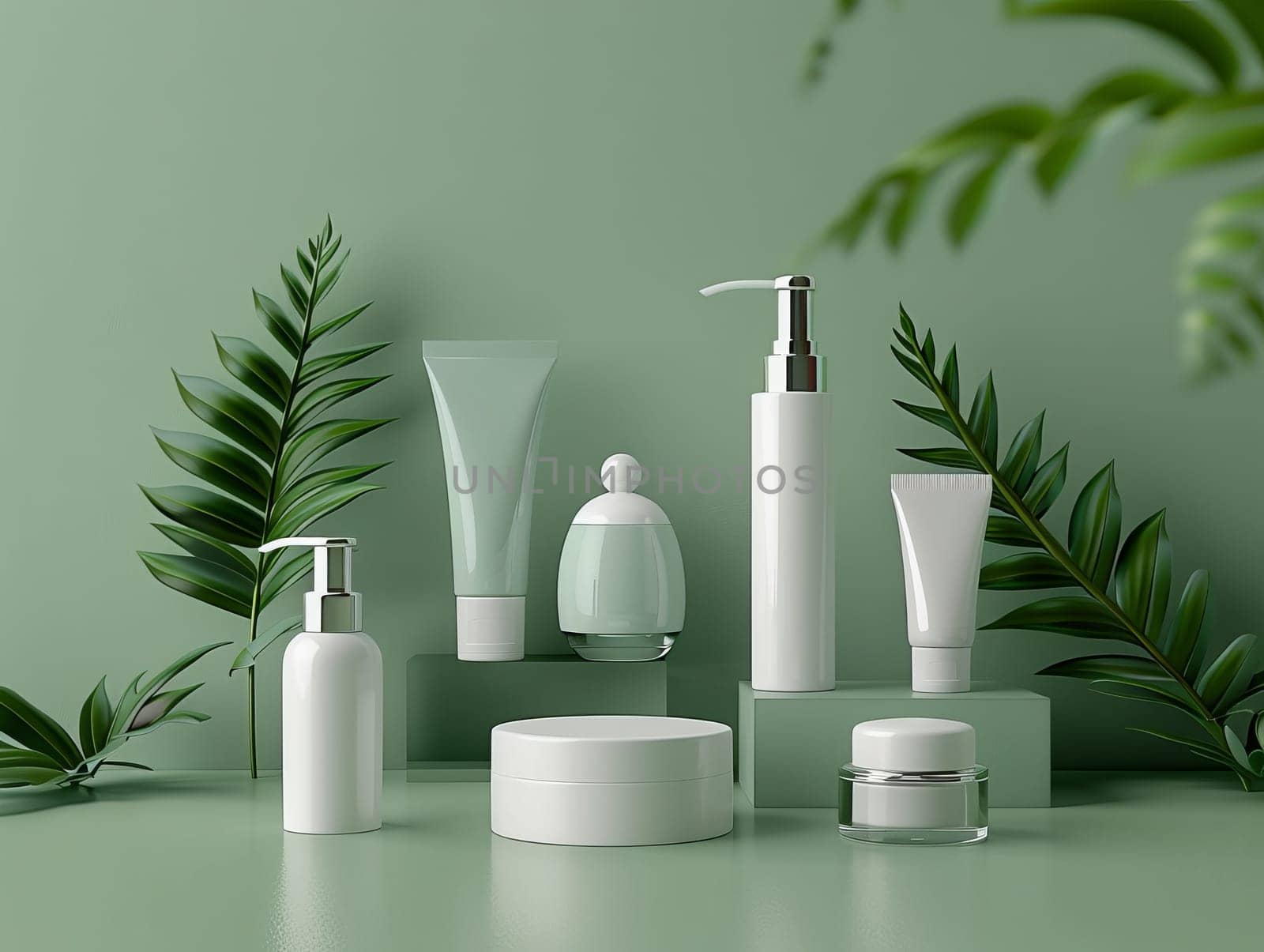 Mockup cosmetic product set. Green background and nature.