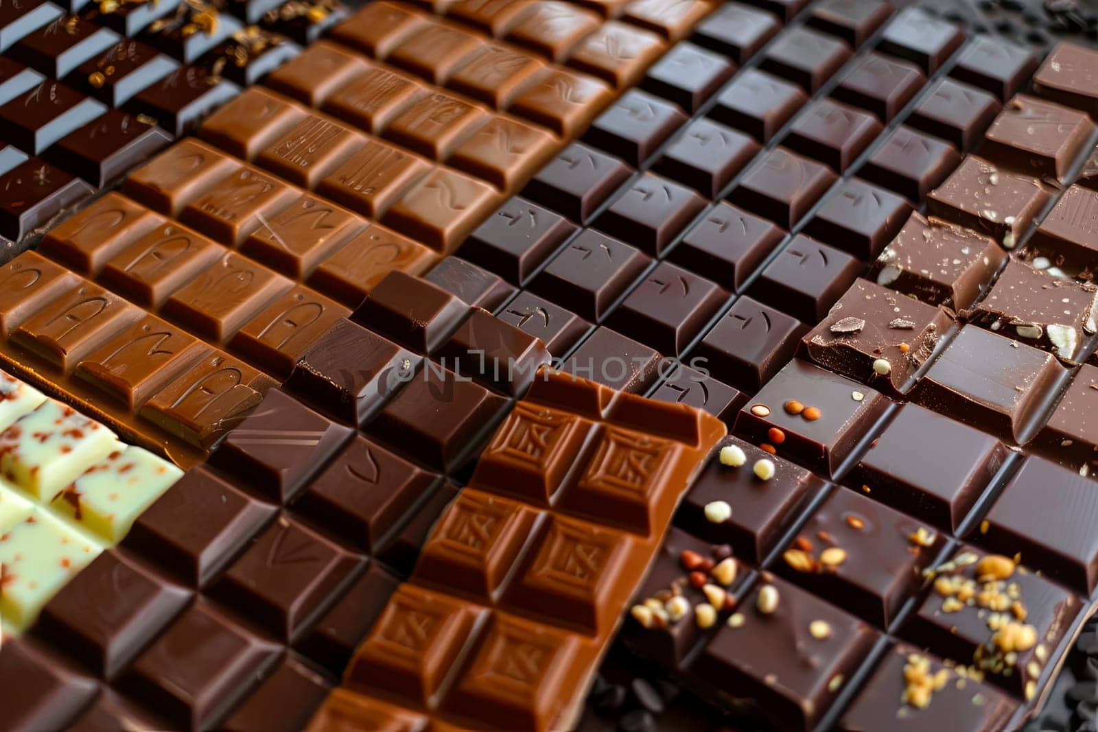 A detailed close-up of a variety of chocolate bars with rich colors, neatly arranged.