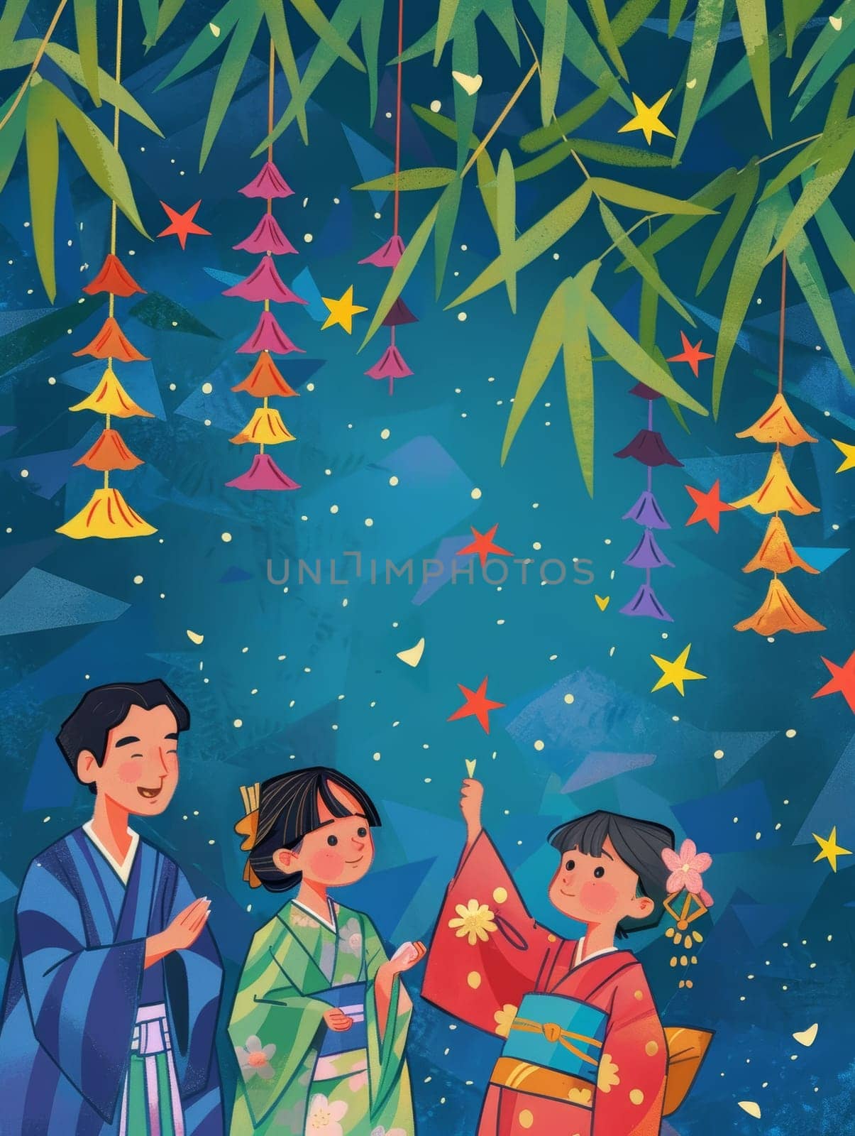 A vivid Tanabata night scene captured with colorful paper lanterns hanging amidst bamboo leaves, sparkling against a starry background in a festive display