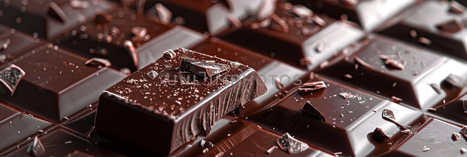 Detailed close-up shot of a dark chocolate bar with bite missing, showing smooth texture and break lines.