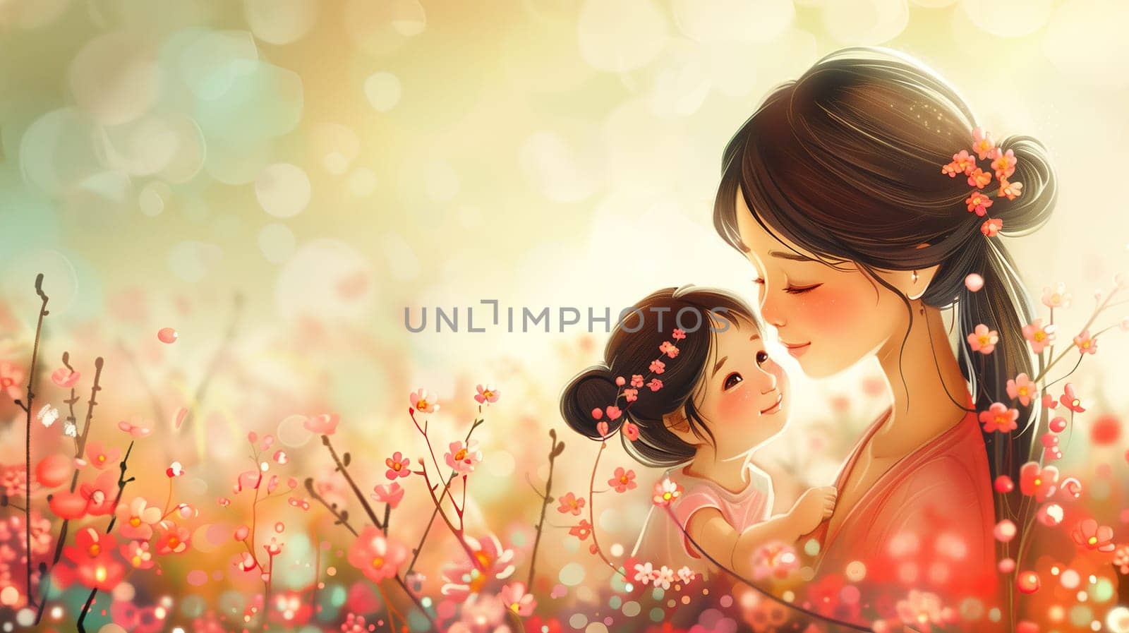 A painted depiction of a mother and child standing amidst a vibrant field of colorful flowers. The mother holds the child tenderly, both appearing content and connected in the natural setting.