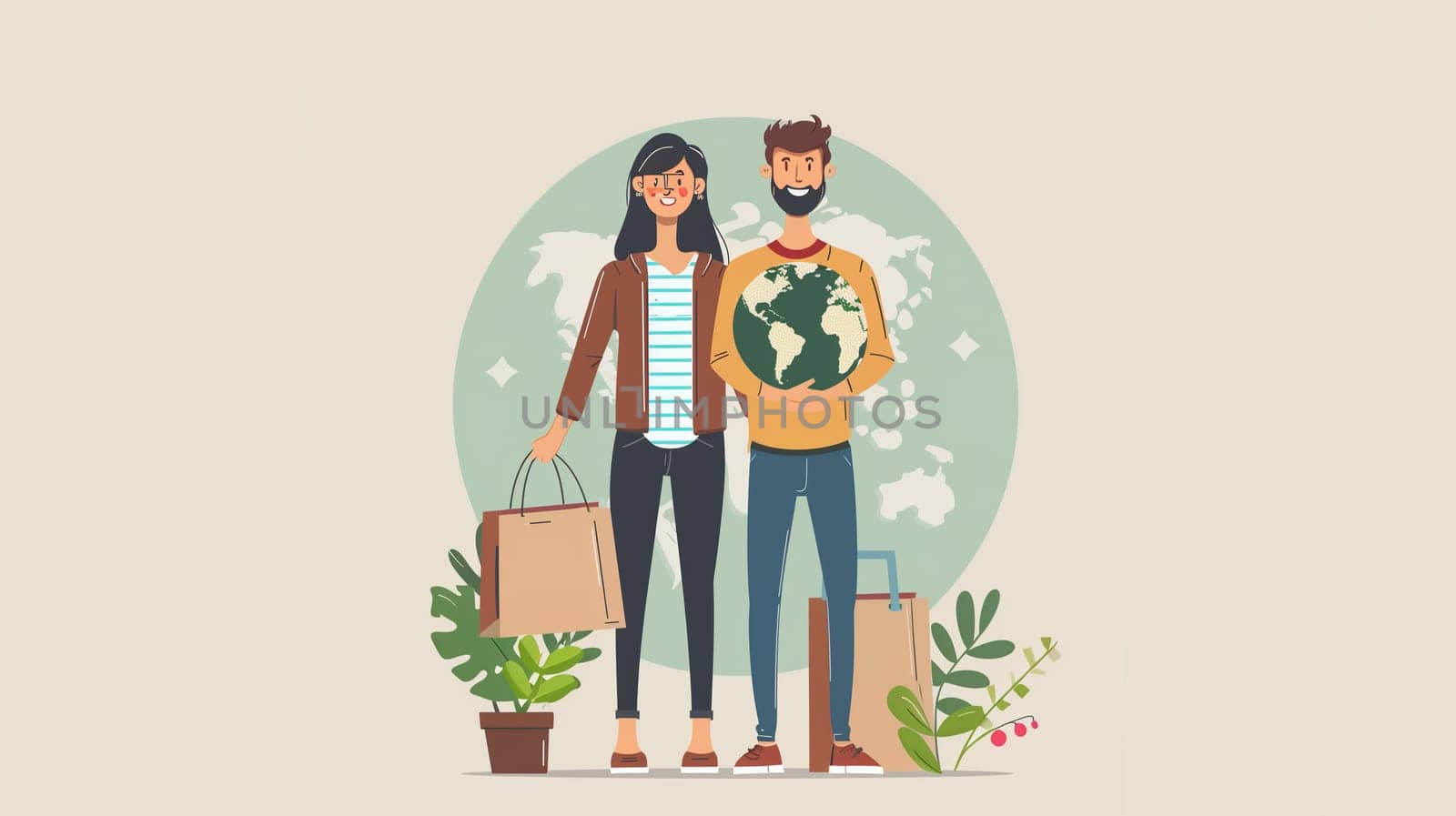 A young man and woman stand side by side, the man cradling a small globe to signify their care for the Earth. They are surrounded by symbols of a sustainable lifestyle, including a reusable shopping bag, potted plant, and gardening tools, highlighting their commitment to environmentally friendly practices on Earth Day.