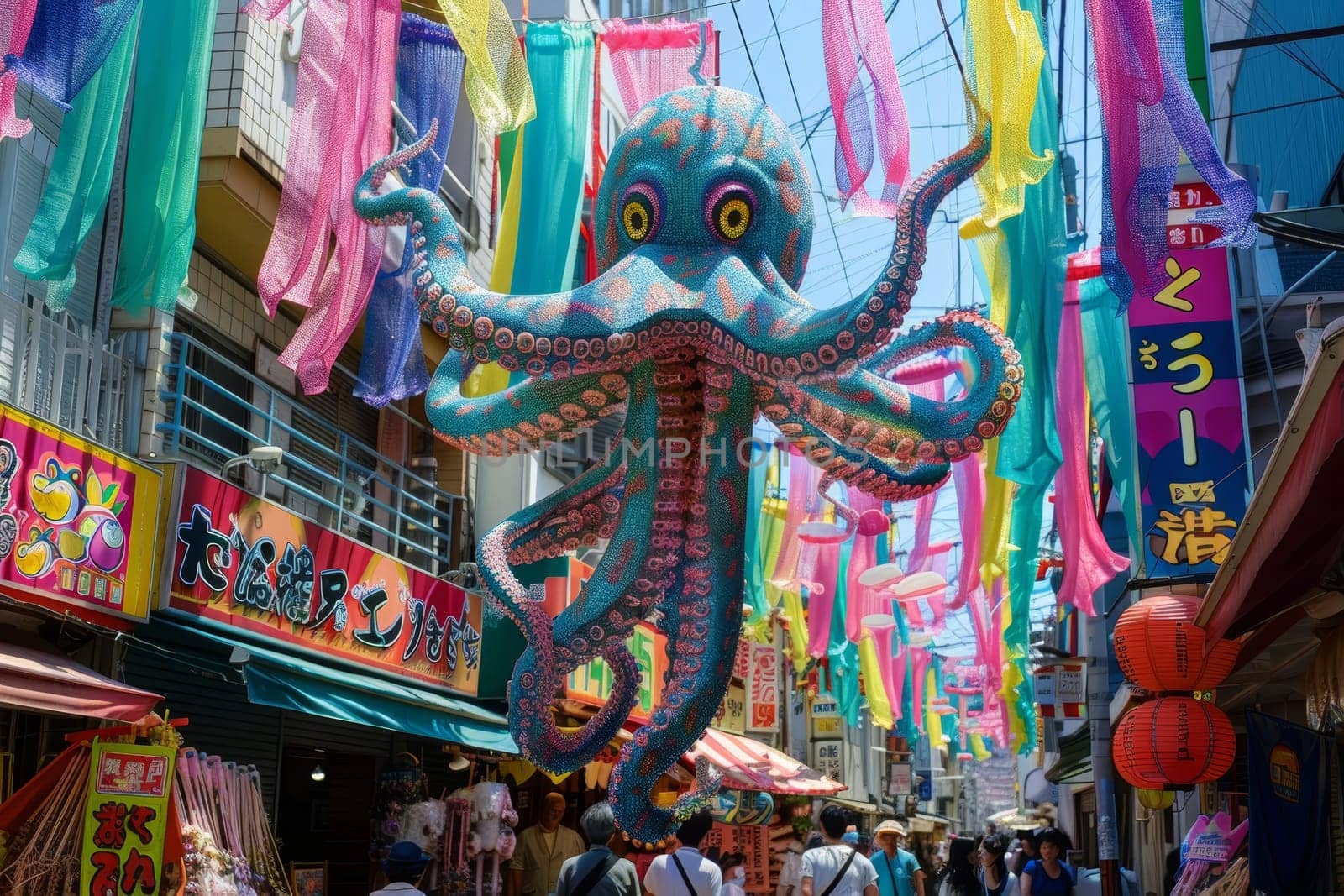 A vibrant octopus kite hovers over a bustling street market adorned with colorful streamers and traditional Japanese lanterns. by sfinks