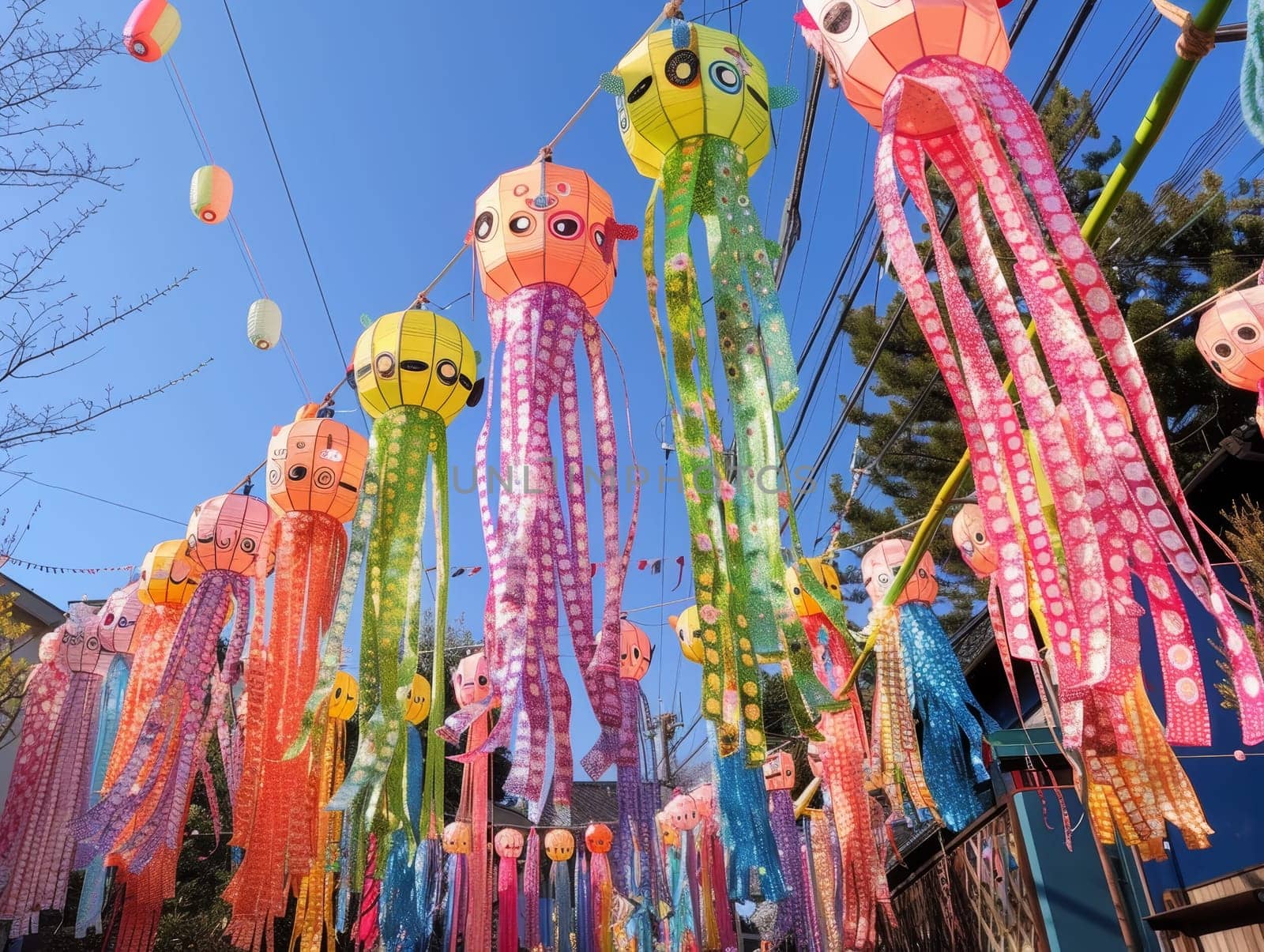 Sunlit, colorful streamers and lanterns hang during Tanabata, celebrating Japanese star festival traditions. by sfinks