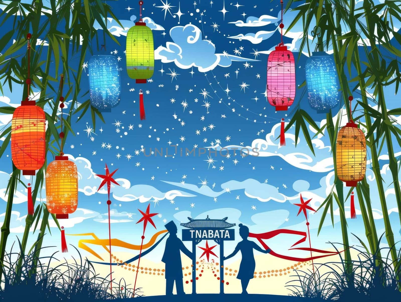 Colorful lanterns and bamboo leaves under the starry sky, celebrating the Japanese Tanabata festival