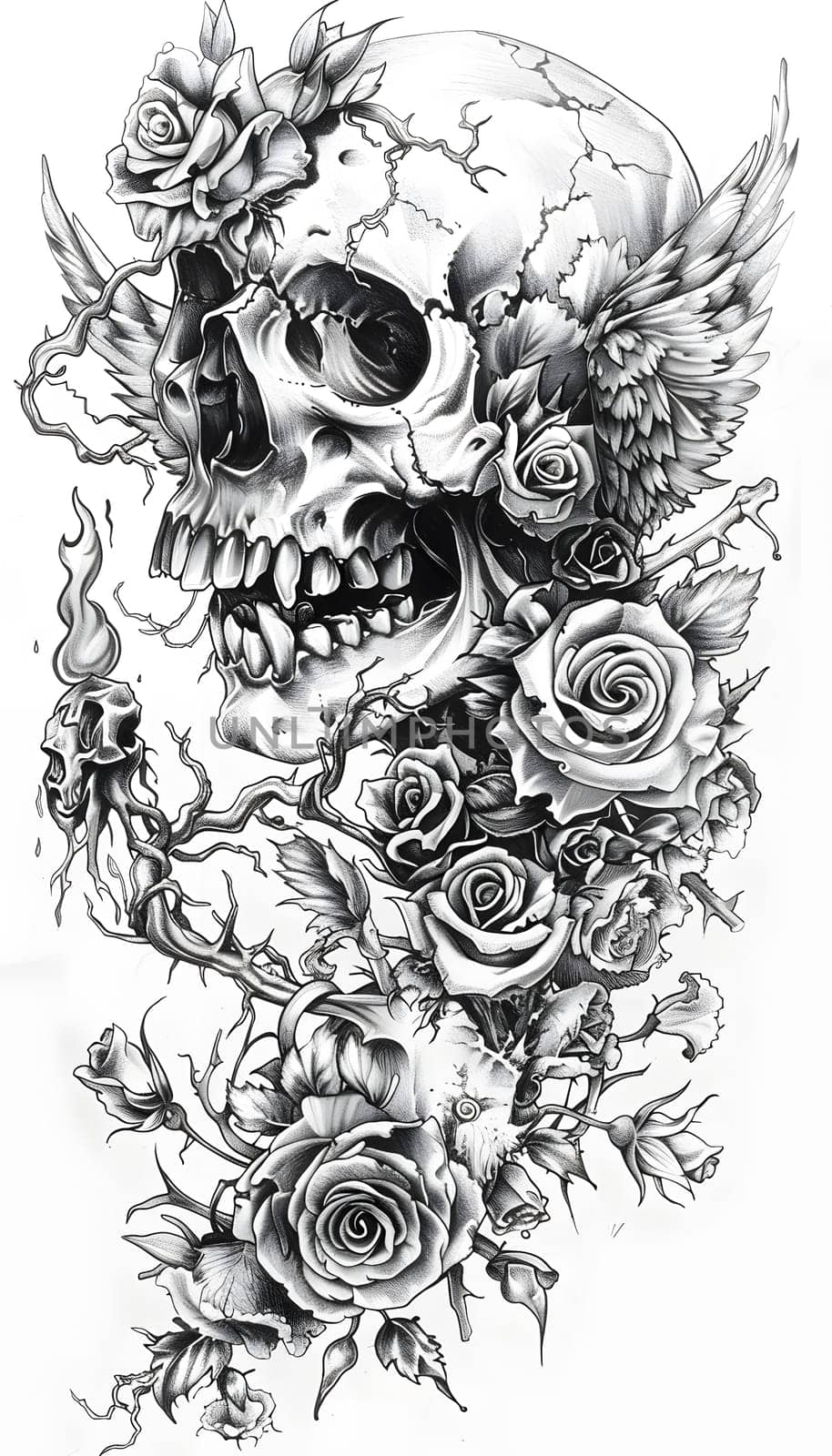 An intricate black and white drawing of a skull adorned with roses and wings, a powerful gesture symbolizing life and death, beautifully combining art and nature in a floral pattern