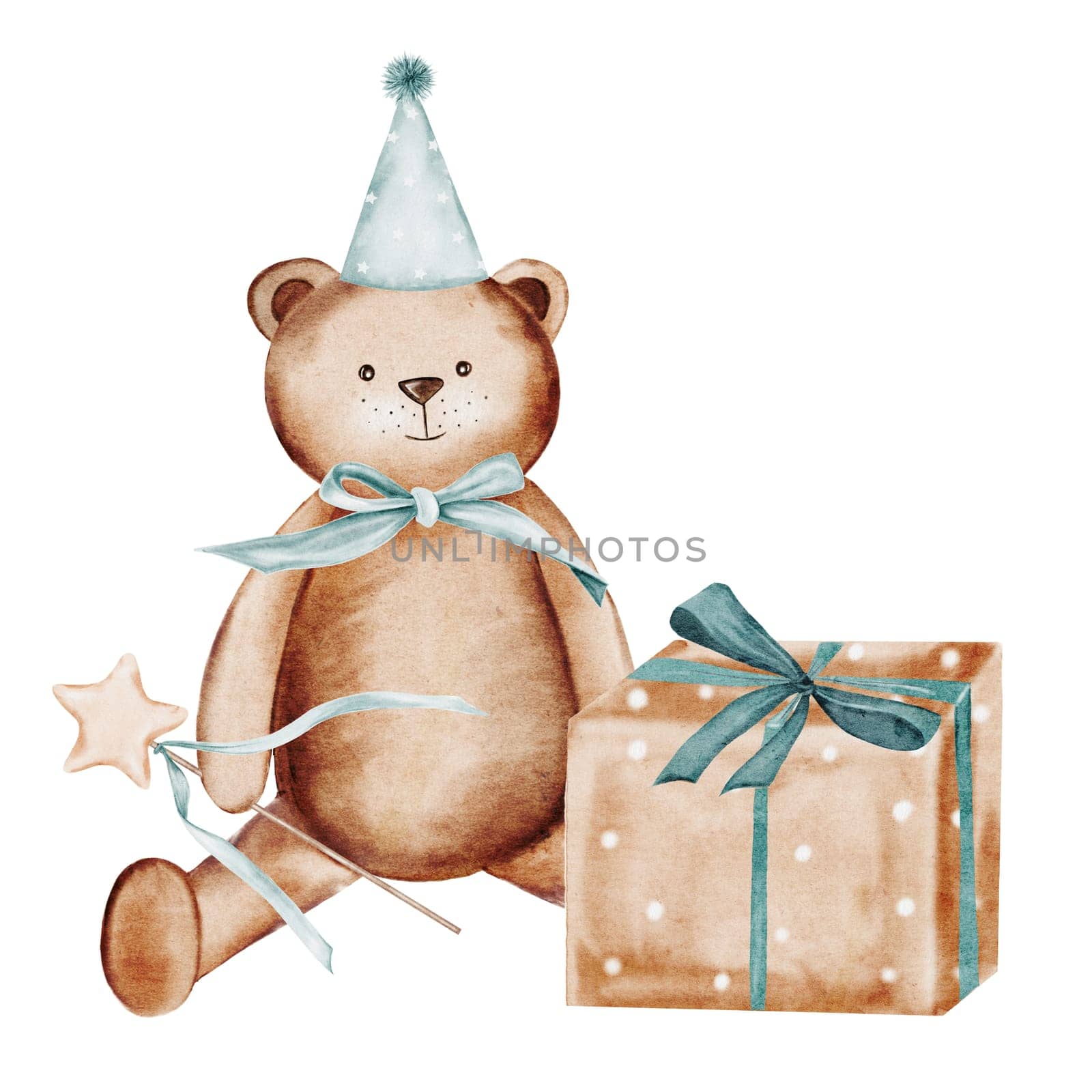 Baby birthday invitation watercolor. Cute hand drawn teddy bear with gift box, in a festive cap, with a bow and a wand. Clip art isolated on white background. Ideal for baby shower and birthday cards and invitations
