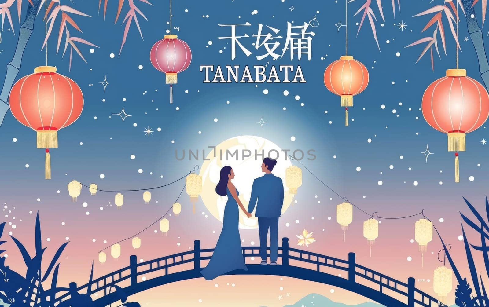 A whimsical illustration for Tanabata festival featuring a couple on a bridge under a starlit sky with lanterns and bamboo leaves. by sfinks