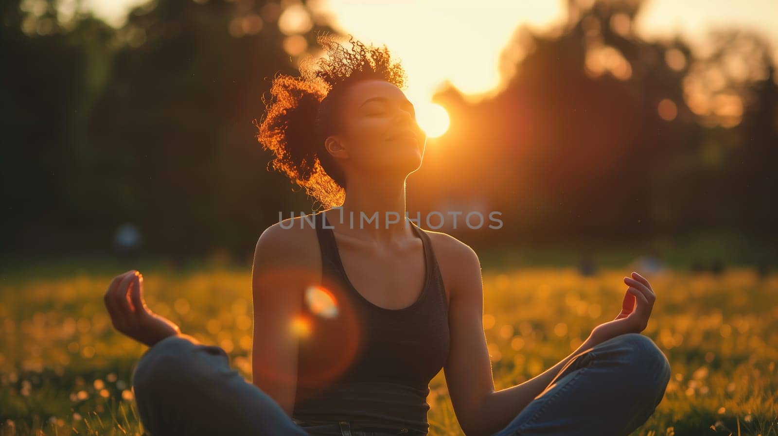 A woman sitting in a field and performing yoga poses. She is surrounded by grass and trees, under a clear sky on a sunny day. The woman looks focused and calm as she practices her yoga routine.