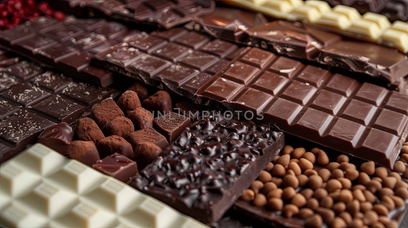 A close up view of a variety of chocolate bars in different flavors and types, showcasing rich colors and high detail.