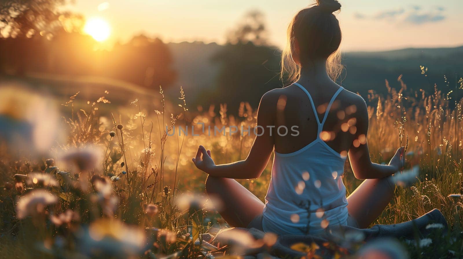 A woman in yoga attire is sitting cross-legged in a green field, surrounded by tall grass. She is engaged in a yoga pose, with her hands resting on her knees and her eyes closed in concentration.