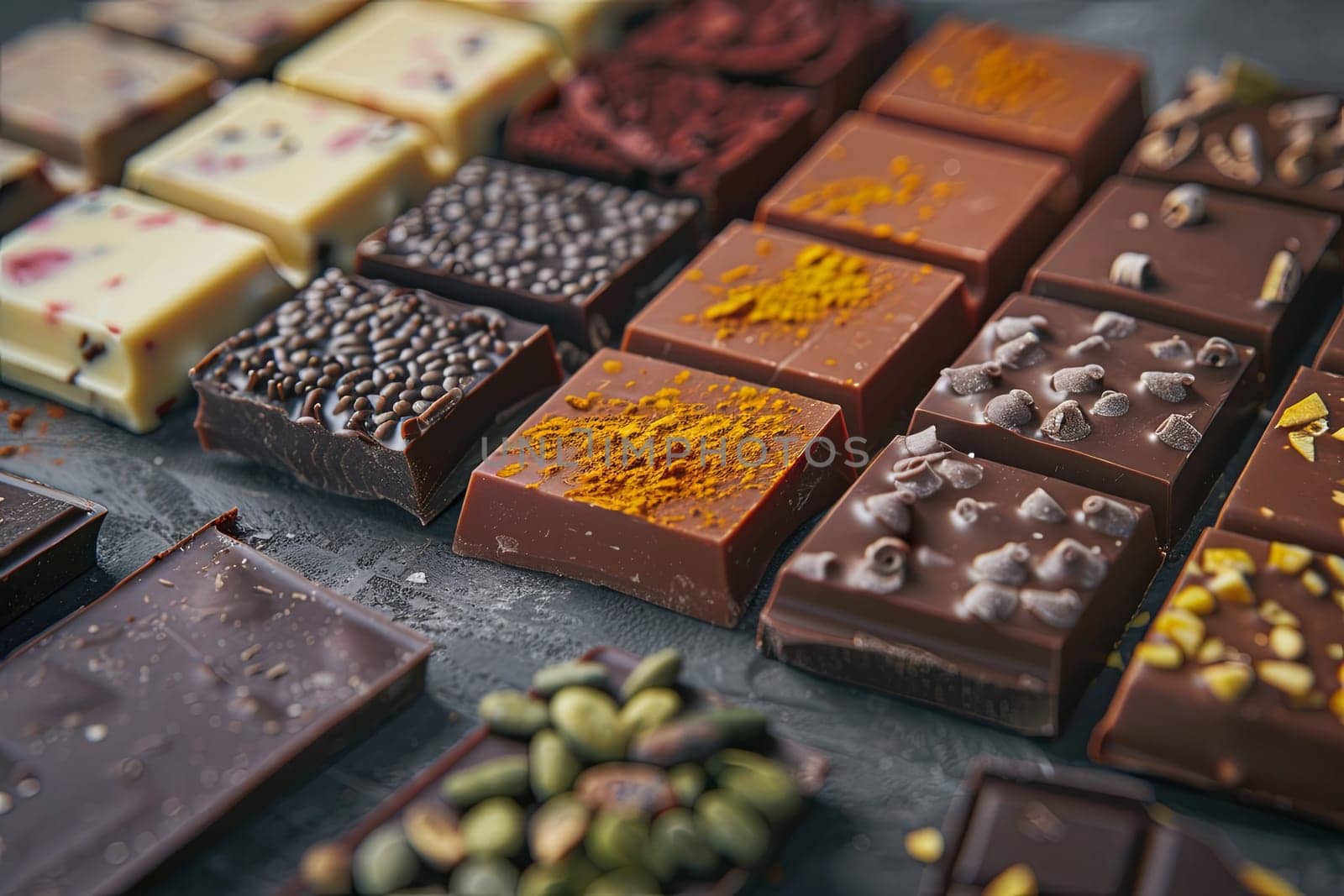 Various types of chocolate bars neatly arranged on a table.