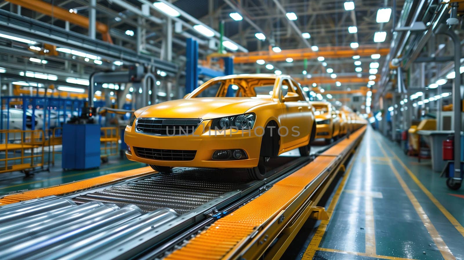 A yellow car is positioned on a conveyor belt within a factory setting. The car is moving along the belt, presumably being transported to different stages of production. The industrial environment is visible in the background.