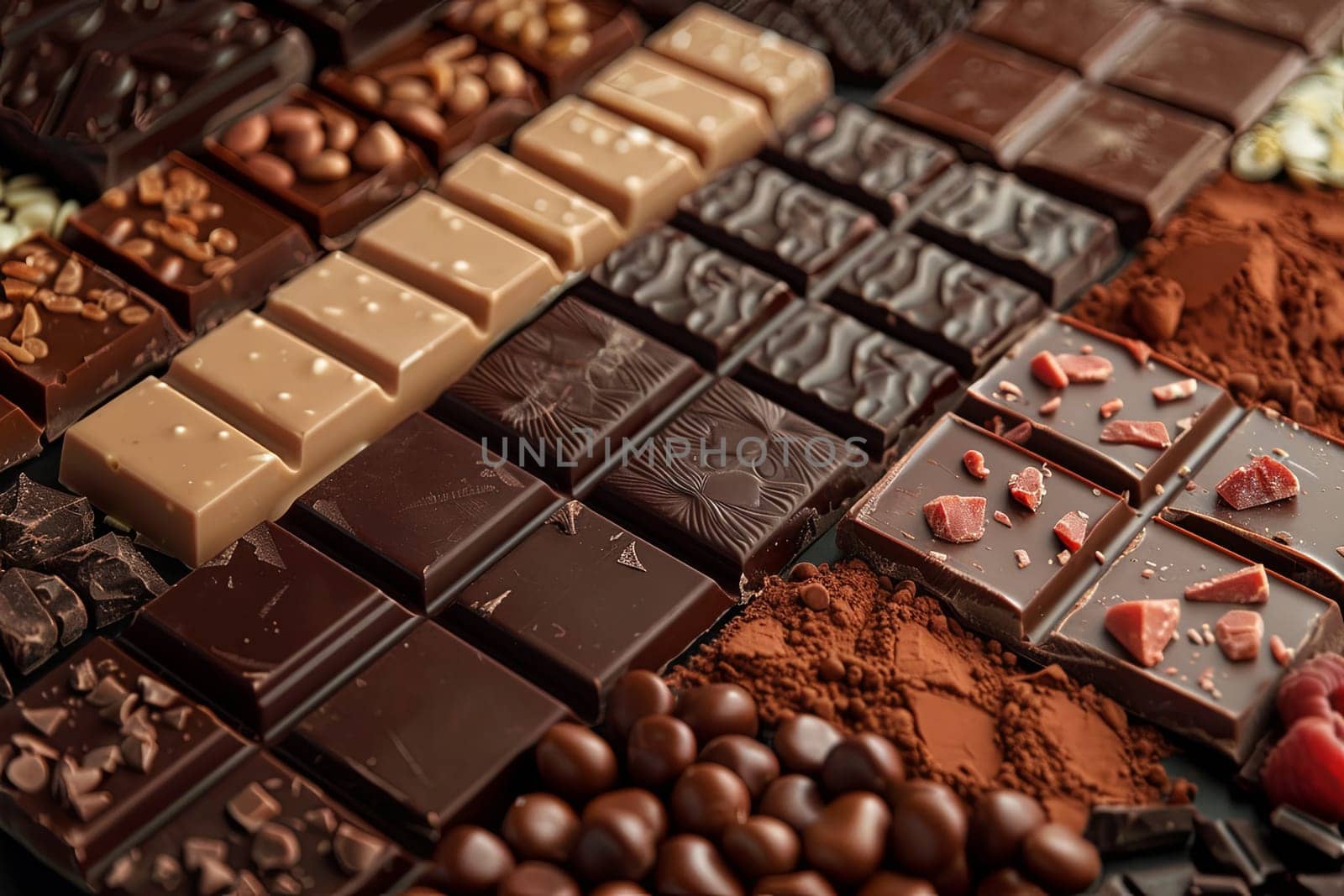 Various chocolate bars in different flavors and types are neatly arranged on a table.