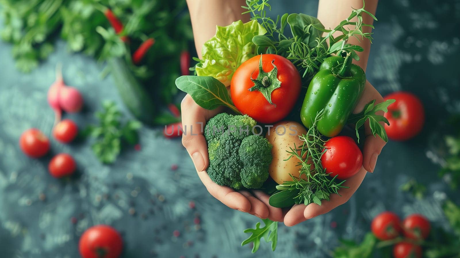 A person holding a variety of fresh vegetables in their hands, showcasing a colorful assortment of produce. The vegetables appear to be freshly picked and range from carrots to tomatoes.