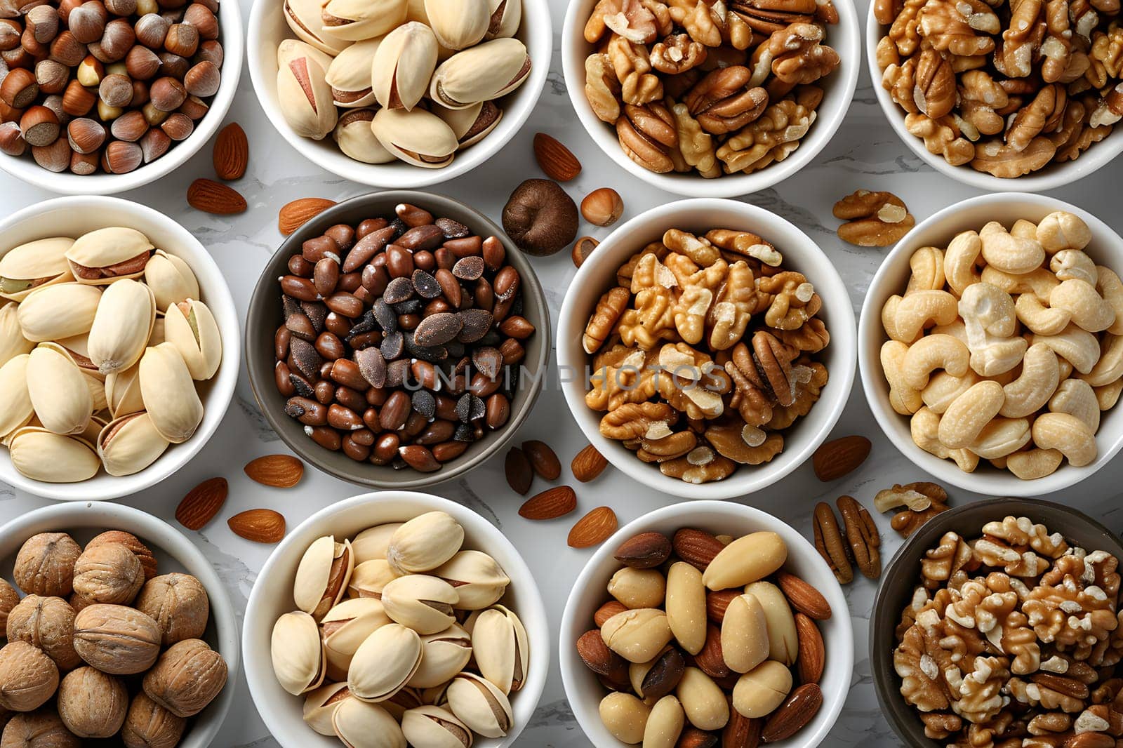 A selection of natural foods like almonds, walnuts, and cashews are displayed in bowls on a table. These nuts can be used as ingredients in various recipes and are considered superfoods