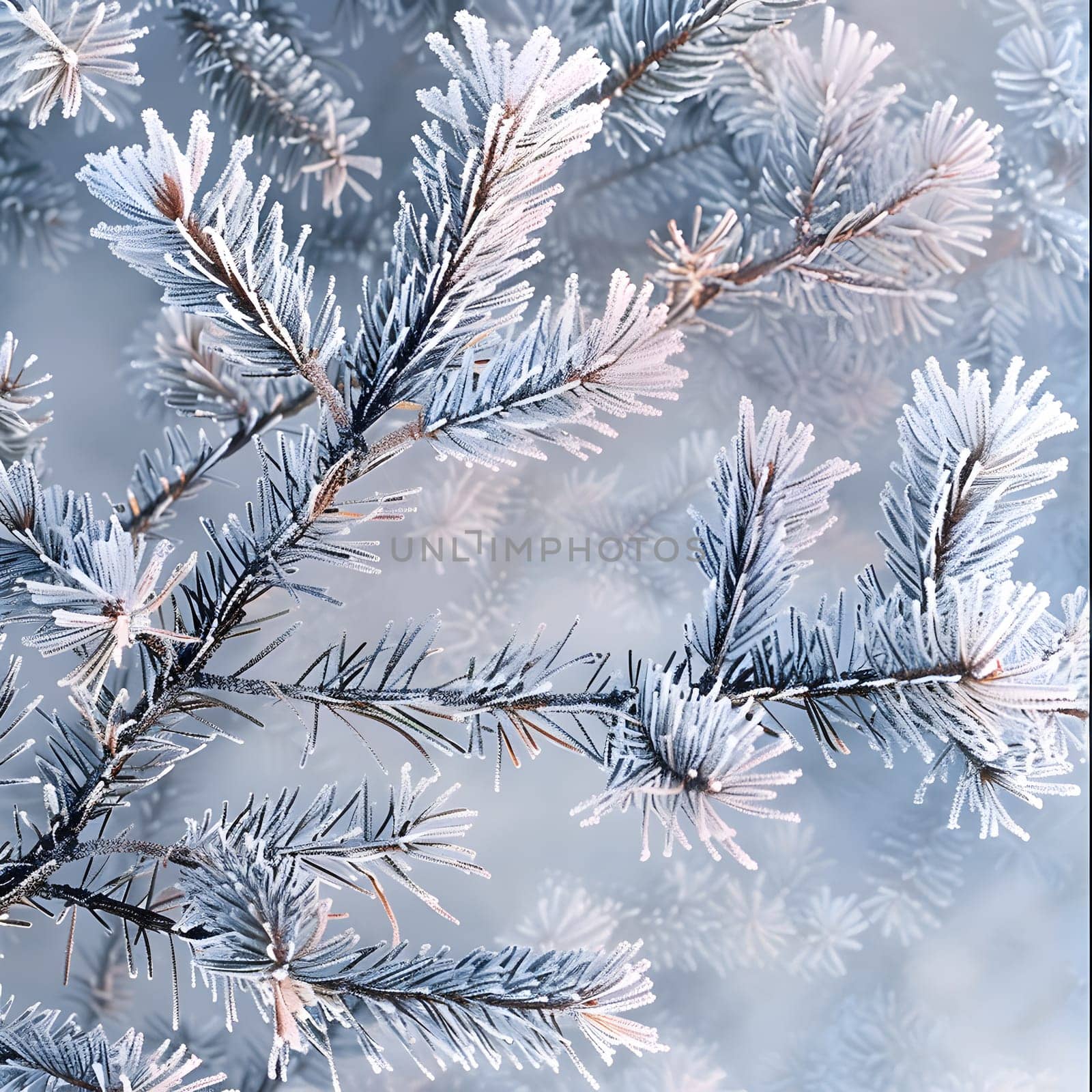 An evergreen larch tree covered in a freezing blanket of snow, showcasing intricate patterns on each branch and twig. A beautiful terrestrial plant in winter