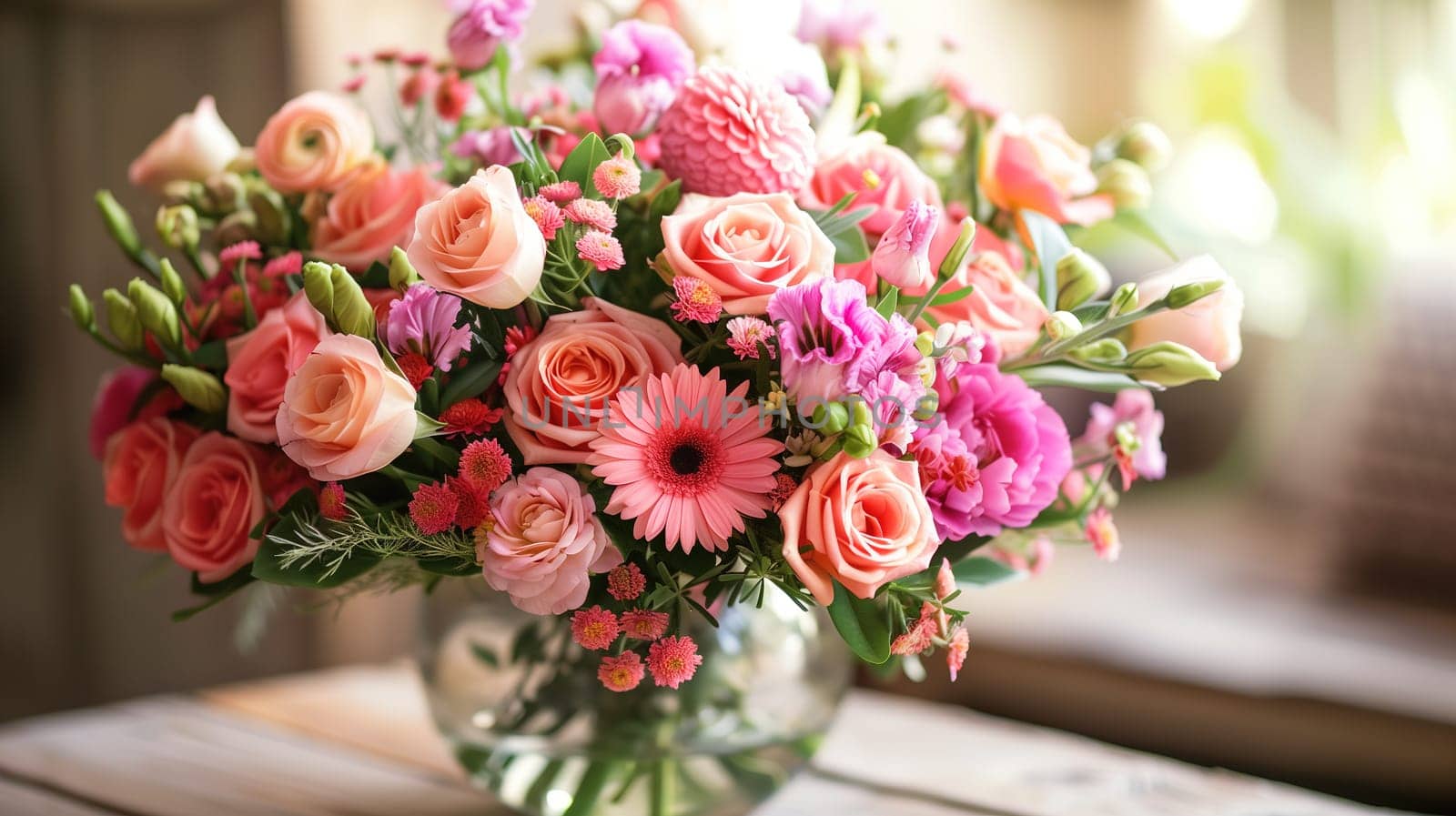 A vase overflowing with a vibrant mix of pink and orange flowers, creating a bright and colorful display. The vase is placed on a table, showcasing the beauty of the flowers.