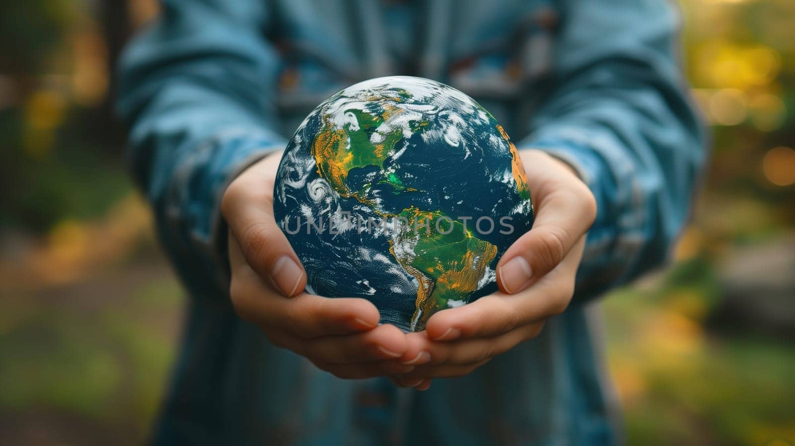 A person holding a small globe in their hands, symbolizing Earth Day concept. The hands gently cradle the globe, showcasing care for the planet and environmental awareness.