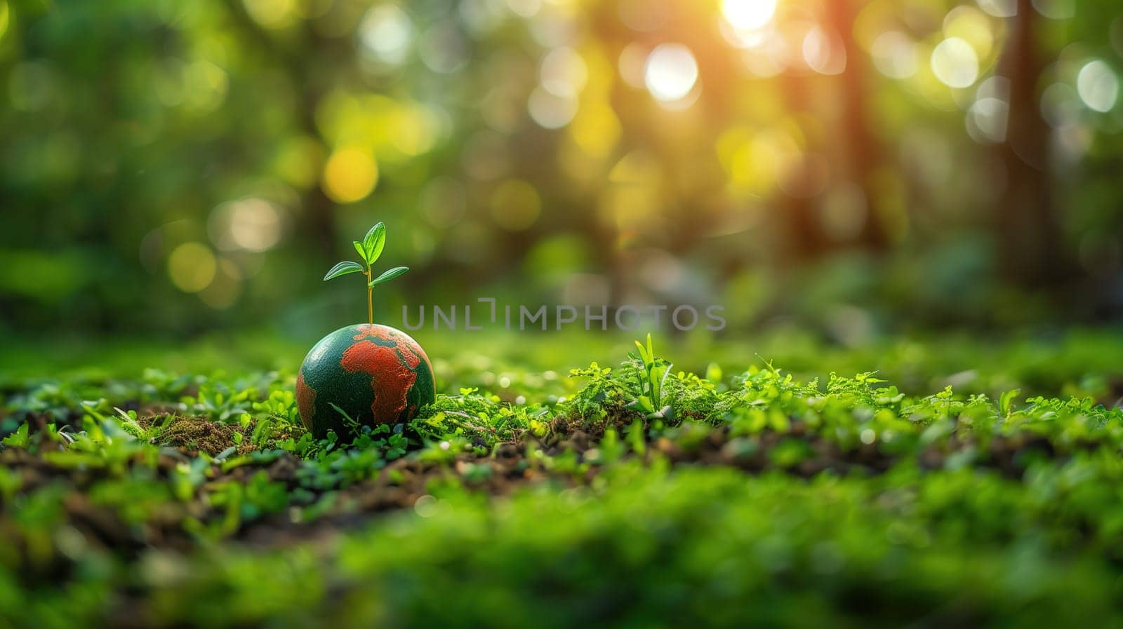 A small tree is seen growing out of a ball-shaped object nestled in the green grass. The young tree is beginning to take root, symbolizing growth and new life on Earth Day.