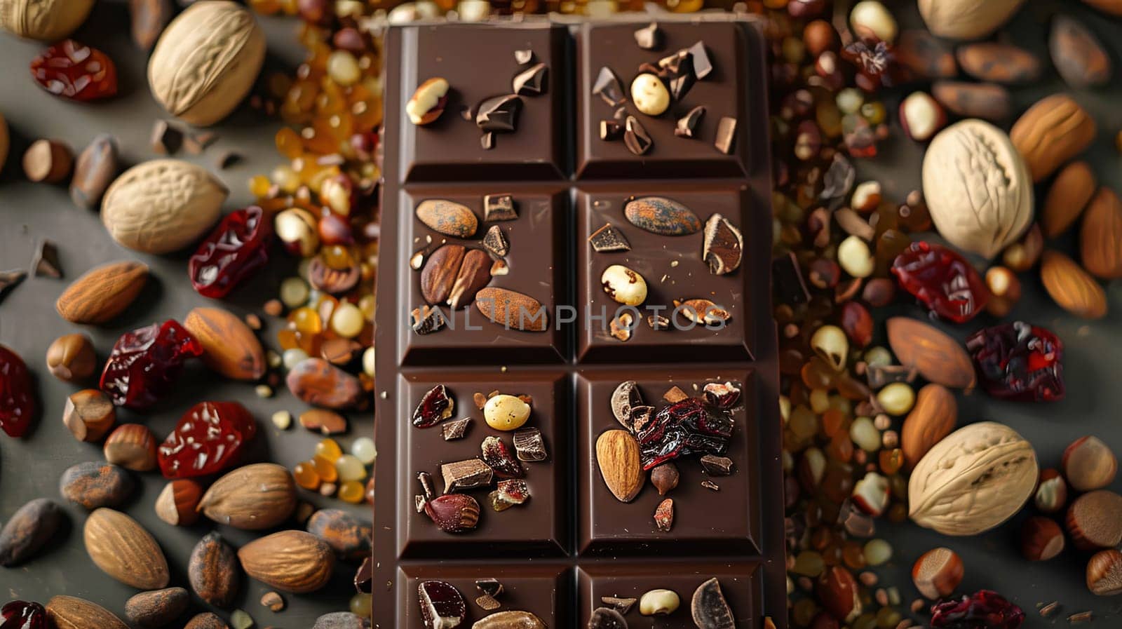 Rich chocolate bar surrounded by an assortment of nuts and dried cranberries, creating a natural and appetizing display.