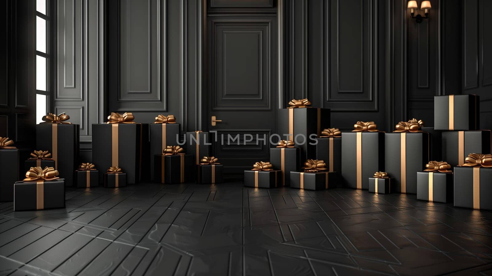 Numerous black and gold boxes are scattered throughout the room, creating a visually striking scene. The boxes vary in size and shape, stacked or lined up neatly, contributing to a sense of abundance.