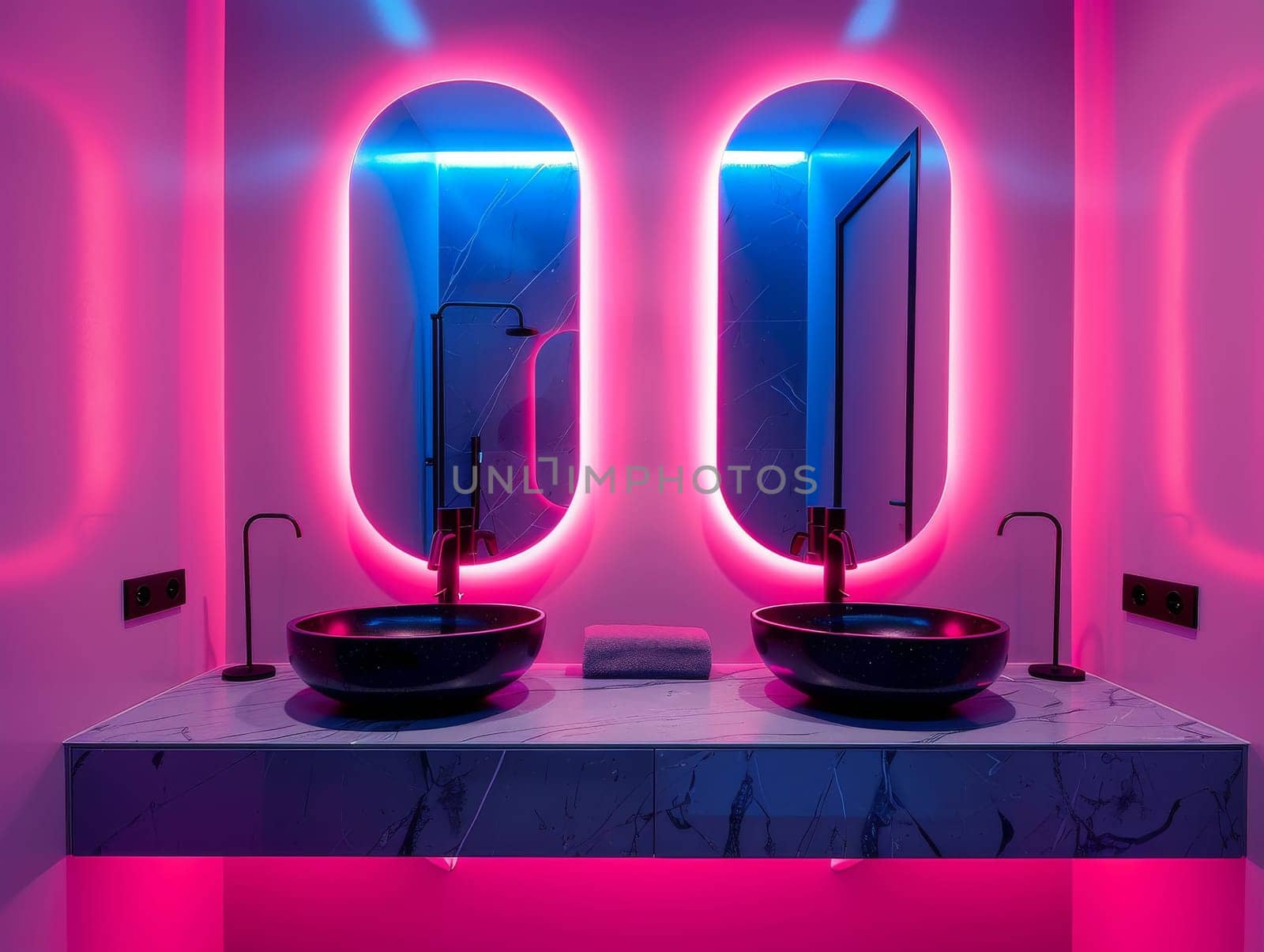 The bathroom is decorated with neon lights and has two sinks. The sinks are black and the walls are white