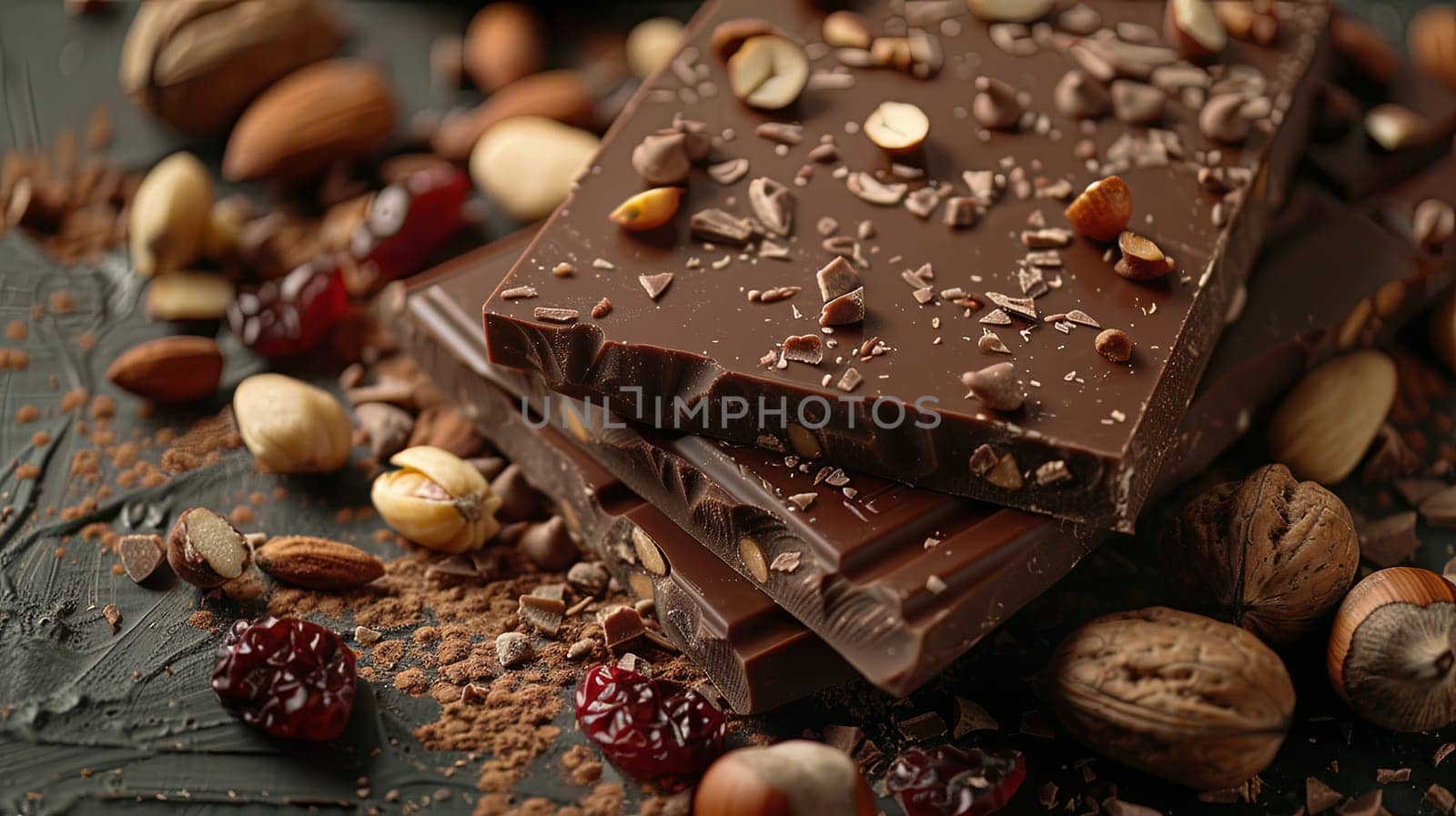 A detailed close-up of a chocolate bar surrounded by an assortment of nuts, showcasing rich textures and natural ingredients.