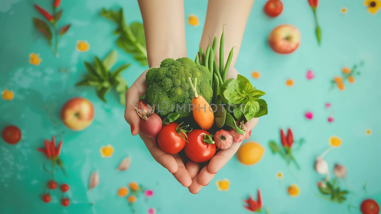 A person is holding a variety of fresh vegetables in their hands, showcasing a bountiful harvest from a garden or market. The colorful assortment includes tomatoes, carrots, peppers, and more.