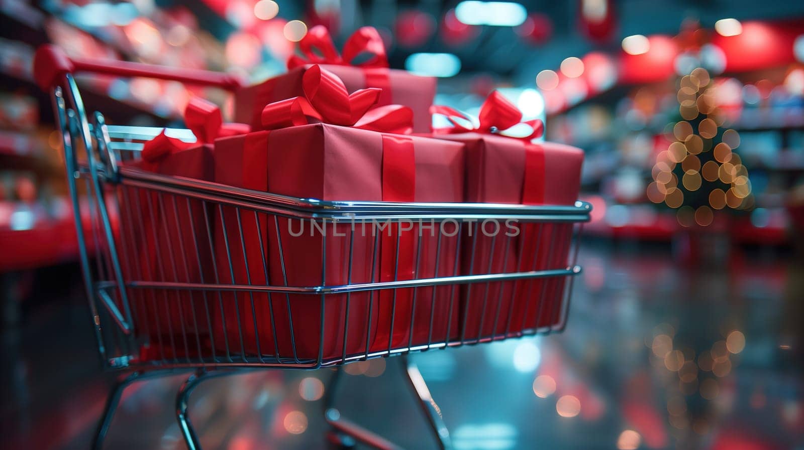 A shopping cart filled with red wrapped presents, symbolizing the holiday shopping season and sale promotions, possibly related to Black Friday deals. The cart is overflowing with gifts, ready to be purchased and gifted to loved ones.