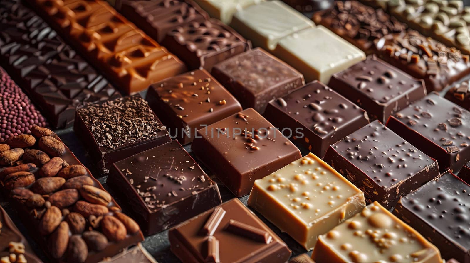 Close up view of an assortment of different types of chocolate bars, showcasing rich colors and textures.