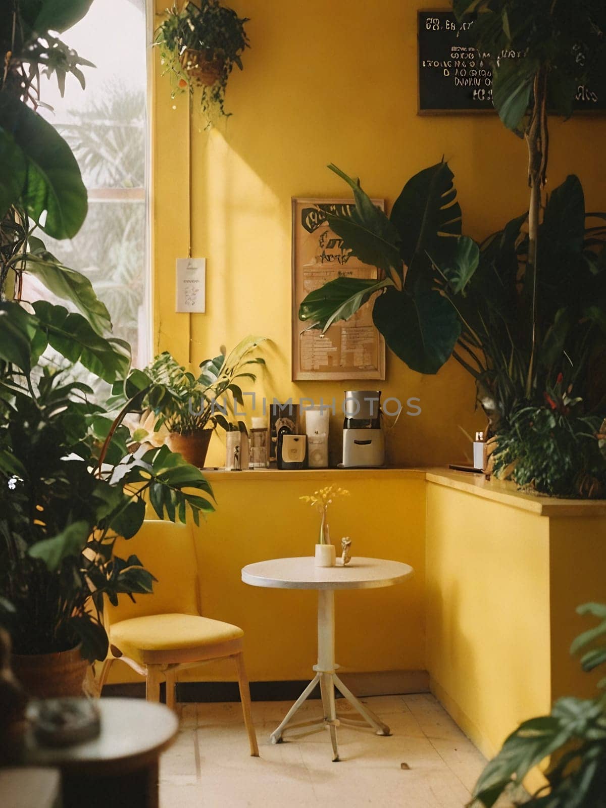 A minimalist coffee shop with tropical foliage decorating the cafe interior. Cafe with a yellowbackground. Generative AI.
