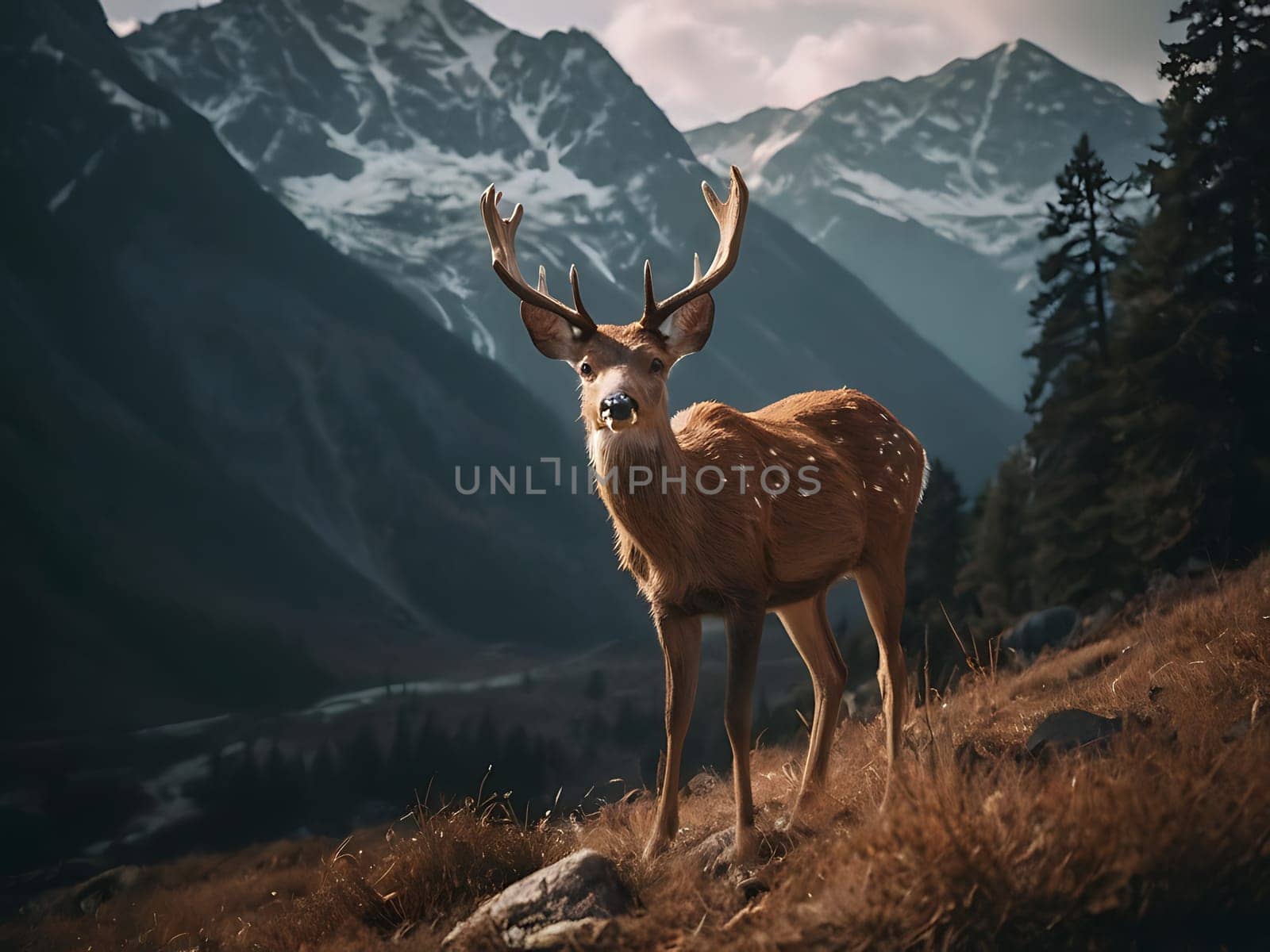 A deer standing on grass hill next to majestic mountains and forest with the view of sky and clouds. Generative AI.