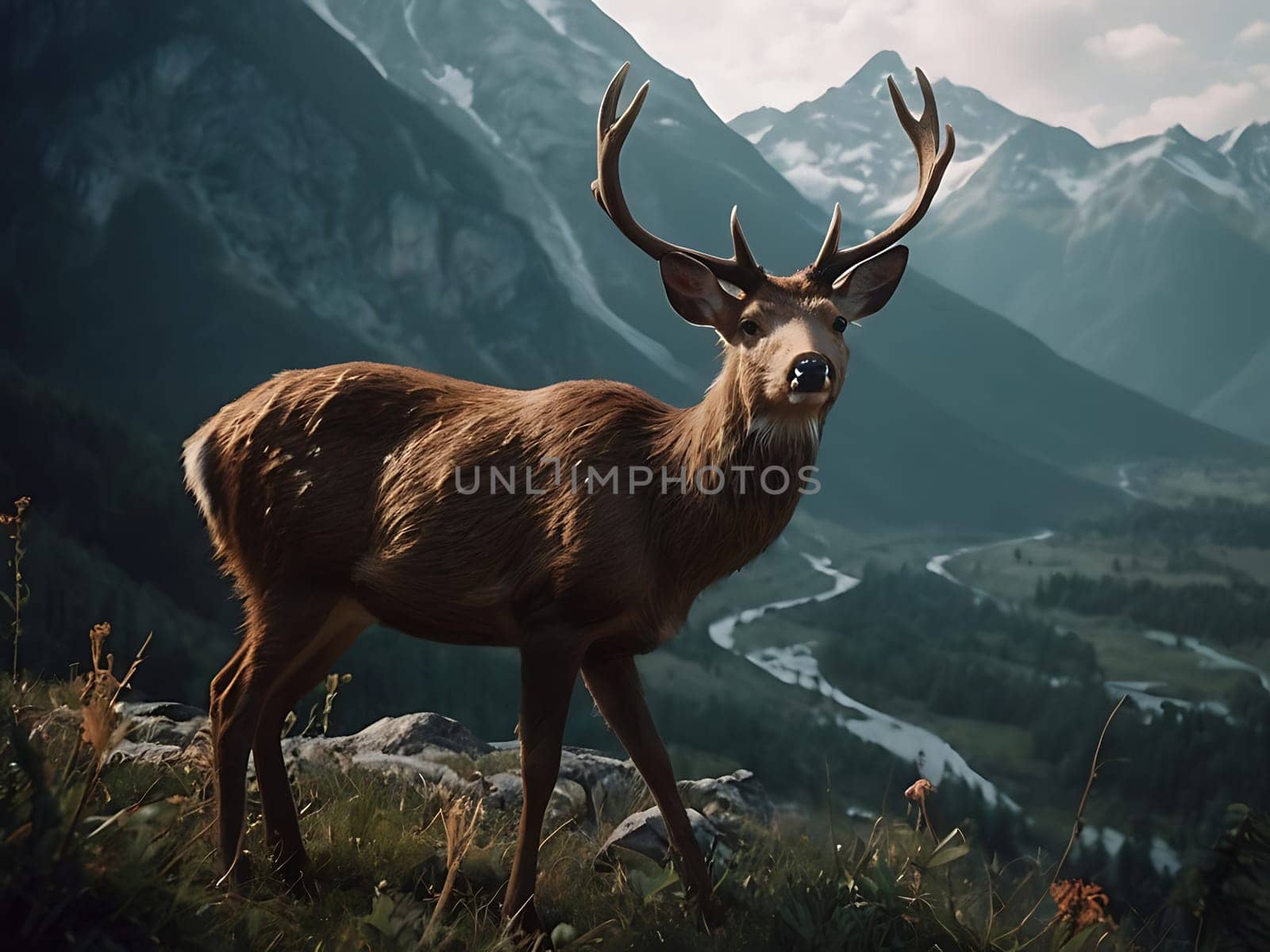 A deer standing on grass hill next to majestic mountains and forest with the view of sky and clouds. Generative AI.