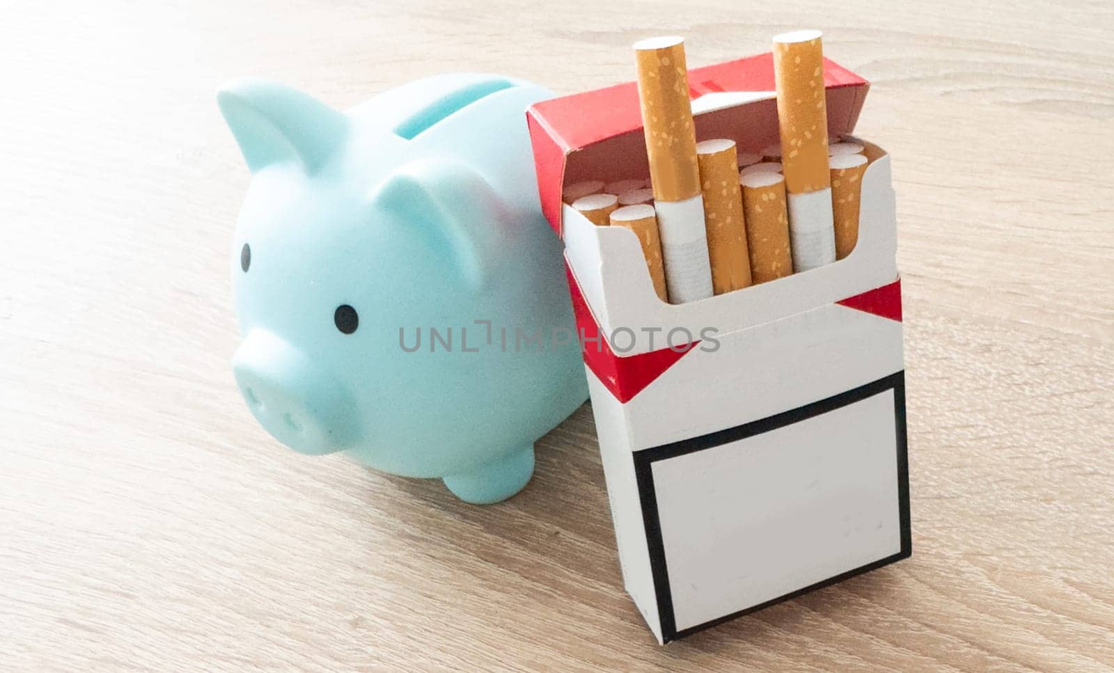 Piggy Bank on pile of Cigarettes isolated. Concept of Savings . High quality photo