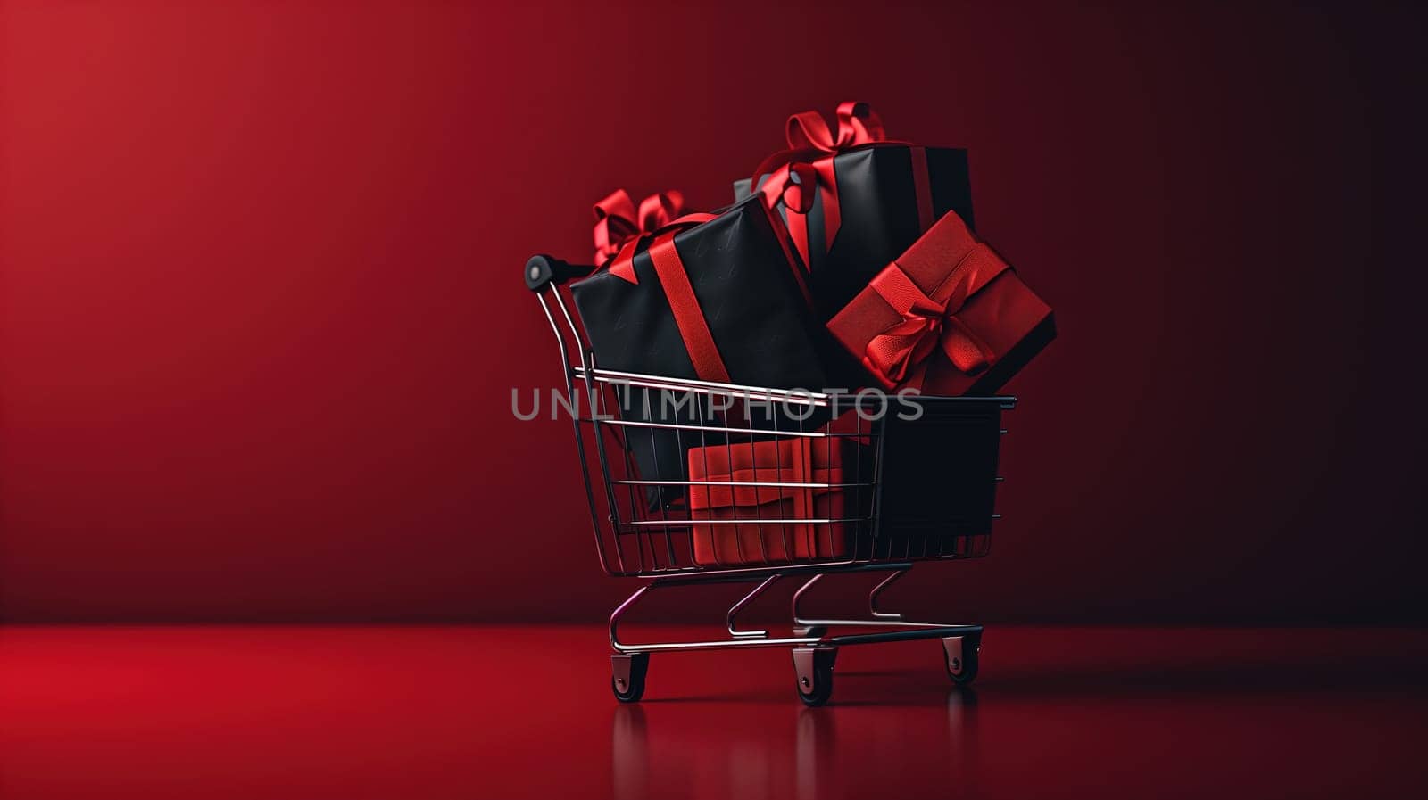 A shopping cart overflowing with colorful presents sits against a vibrant red background. The cart is filled with various sizes of wrapped gifts, hinting at a festive shopping spree.