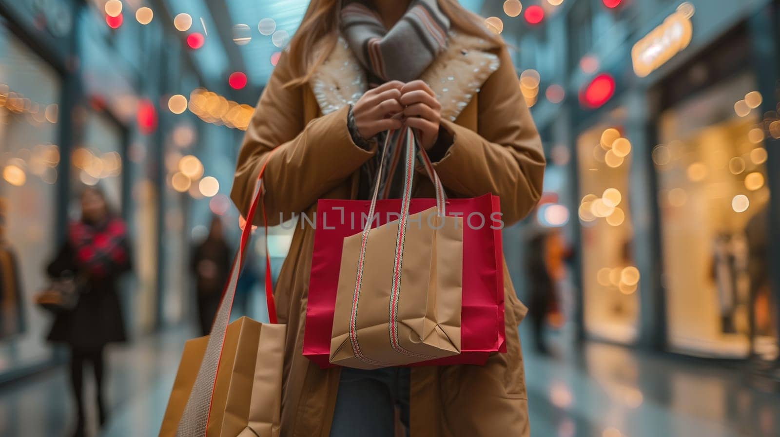 A woman is seen navigating through a busy mall, carrying multiple shopping bags filled with purchases. The hustle and bustle of shoppers and sales create a lively atmosphere.