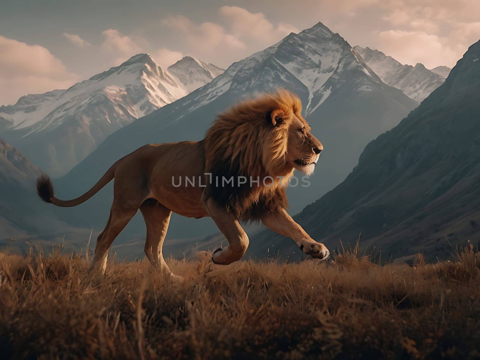 A lion standing on grass hill next to majestic mountains and forest with the view of sky and clouds. Generative AI.